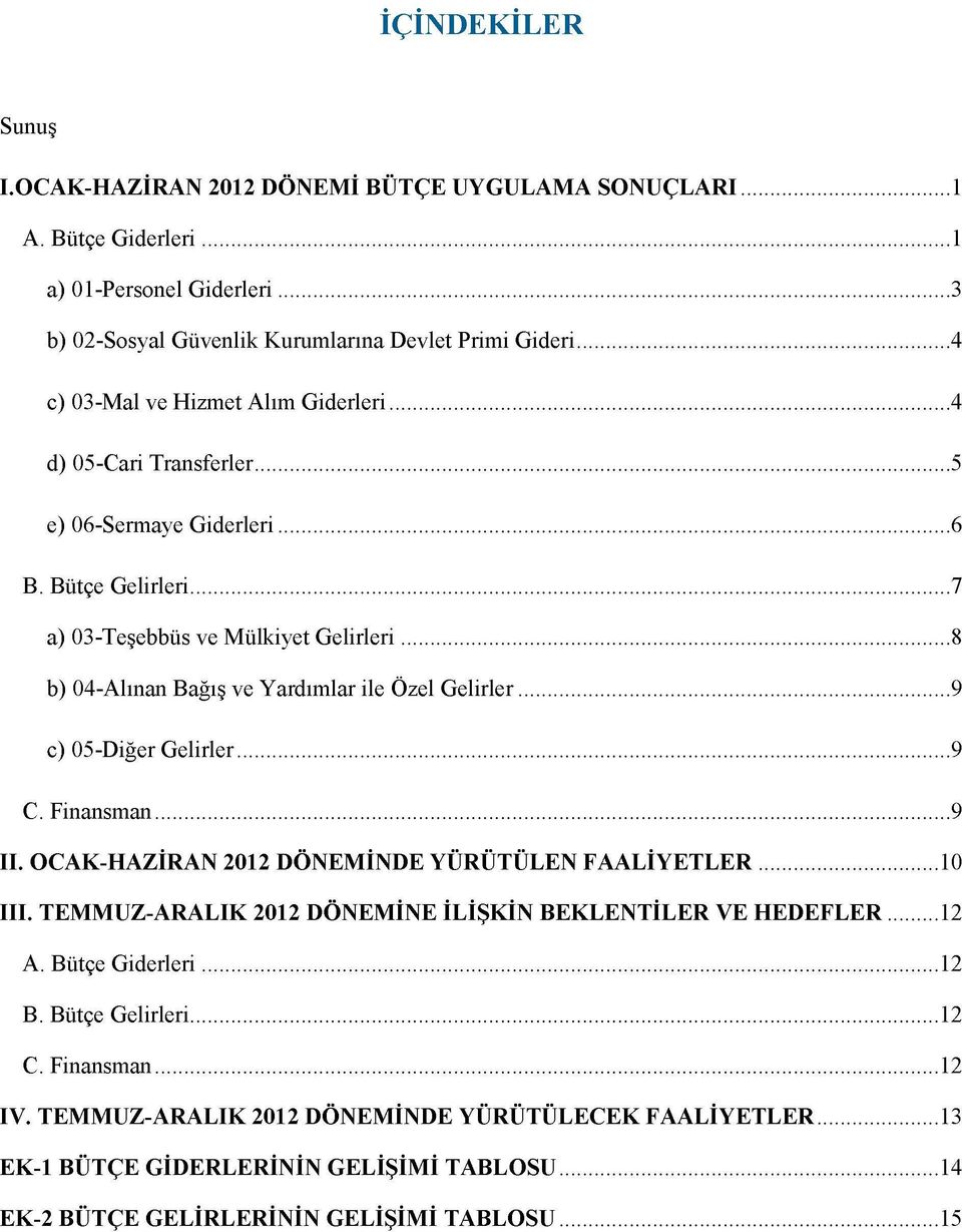 6 B. Bütçe Gelirleri 7 a) -Teşebbüs ve Mülkiyet Gelirleri 8 b) 4-Alınan Bağış ve Yardımlar ile Özel Gelirler 9 c) 5-Diğer Gelirler 9 C. Finansman 9 II.