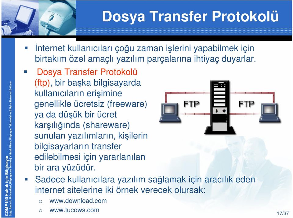 Dosya Transfer Protokolü (ftp), bir başka bilgisayarda kullanıcıların erişimine genellikle ücretsiz (freeware) ya da düşük bir ücret