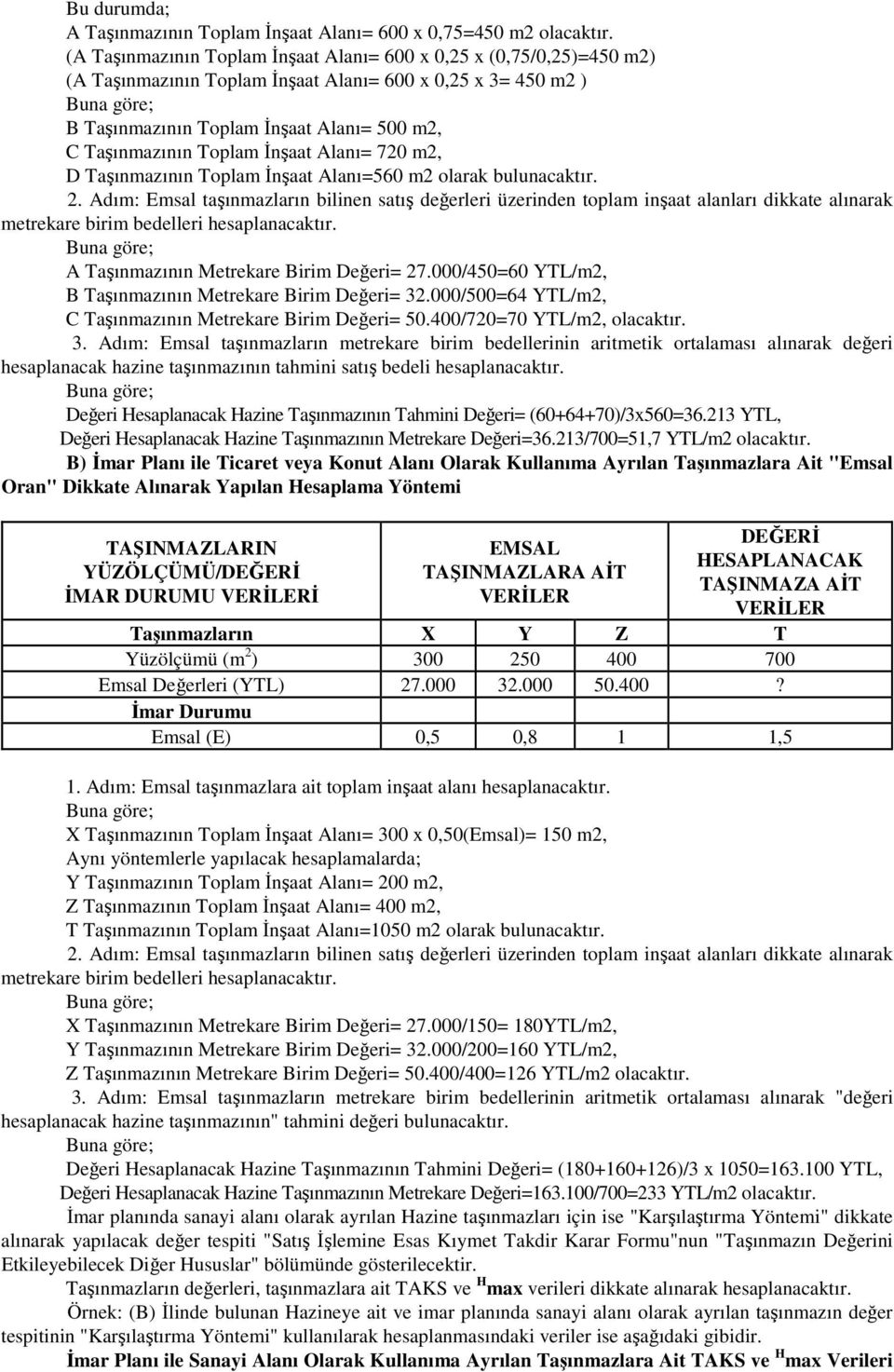 Taşınmazının Toplam İnşaat Alanı= 720 m2, D Taşınmazının Toplam İnşaat Alanı=560 m2 olarak bulunacaktır. 2.