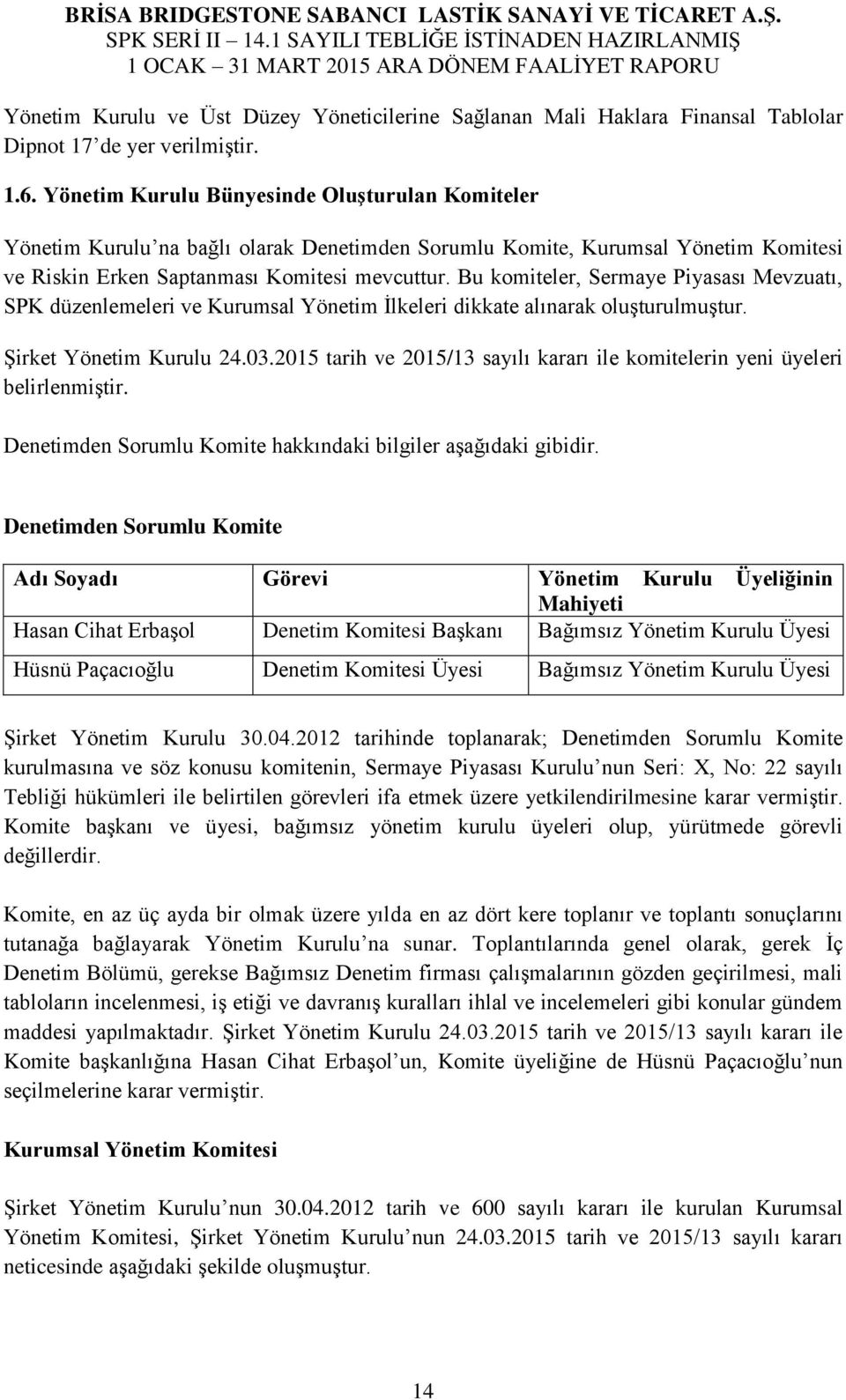 Bu komiteler, Sermaye Piyasası Mevzuatı, SPK düzenlemeleri ve Kurumsal Yönetim İlkeleri dikkate alınarak oluşturulmuştur. Şirket Yönetim Kurulu 24.03.