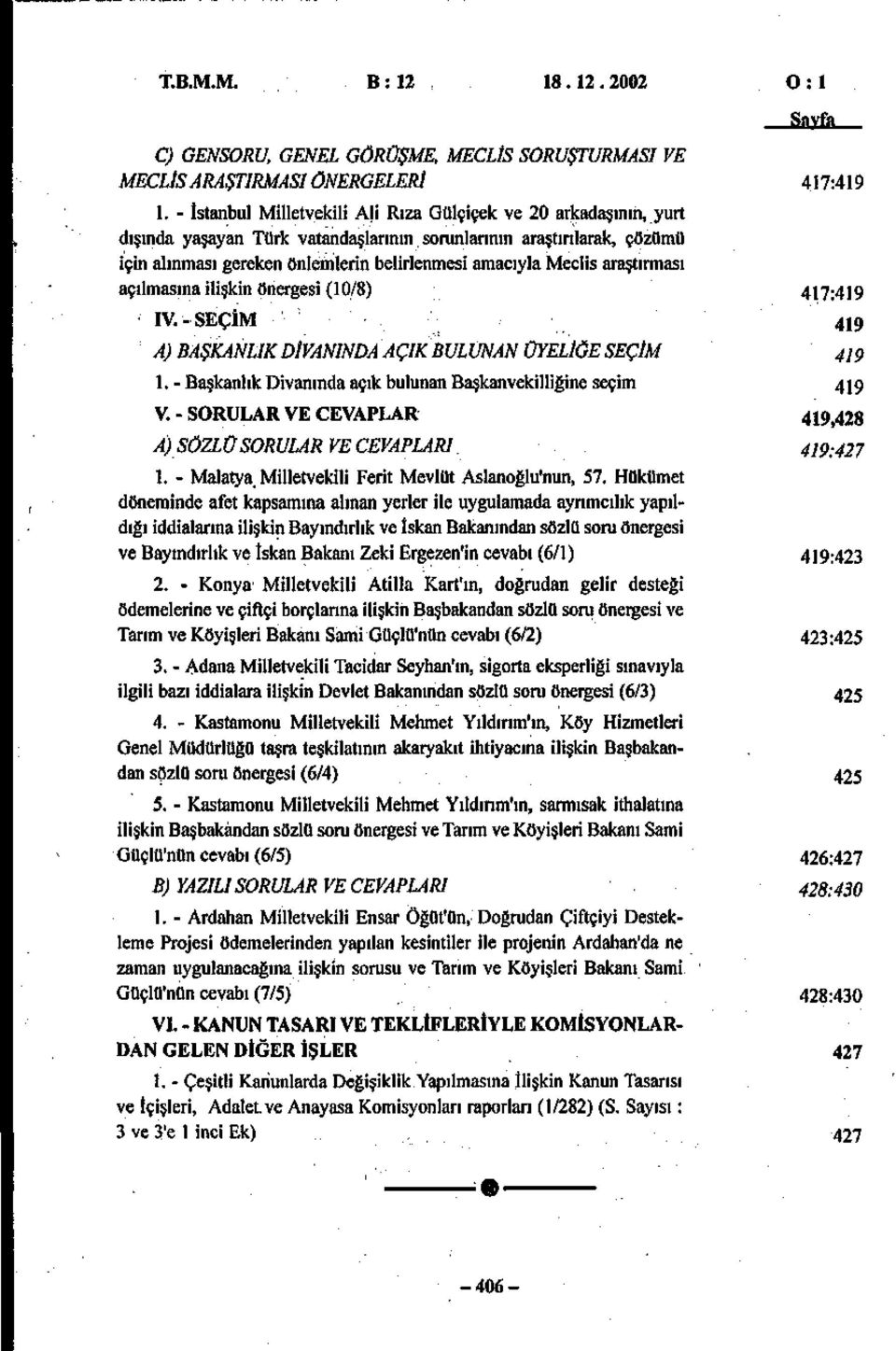 araştırması açılmasına ilişkin önergesi (10/8) 417:419 IV. -SEÇİM 419 A) BAŞKANLIK DİVANINDA AÇIK BULUNAN ÜYELİĞE SEÇİM 4jç 1. - Başkanlık Divanında açık bulunan Başkanvekilliğine seçim 419 V.