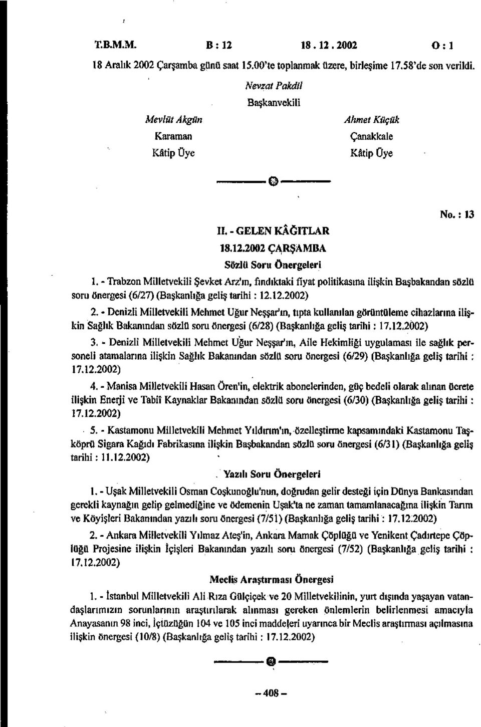 - Trabzon Milletvekili Şevket Arz'ın, fındıktaki fiyat politikasına ilişkin Başbakandan sözlü soru önergesi (6/27) (Başkanlığa geliş tarihi: 12.12.2002) 2.