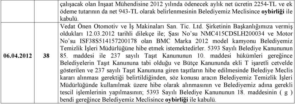 2012 tarihli dilekçe ile; Şası su NMC415CDSLH200034 ve Motor su ISF38S514157200178 olan BMC Marka 2012 model kamyonu Belediyemiz Temizlik İşleri Müdürlüğüne hibe etmek istemektedirler.