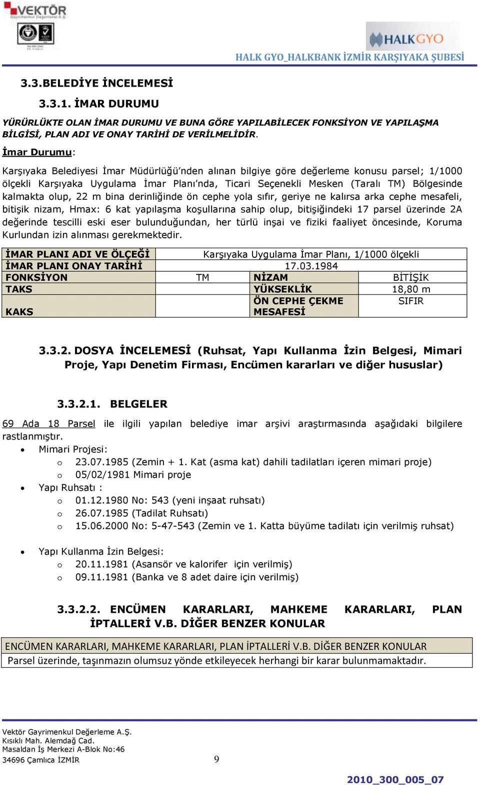 kalmakta olup, 22 m bina derinliğinde ön cephe yola sıfır, geriye ne kalırsa arka cephe mesafeli, bitiģik nizam, Hmax: 6 kat yapılaģma koģullarına sahip olup, bitiģiğindeki 17 parsel üzerinde 2A