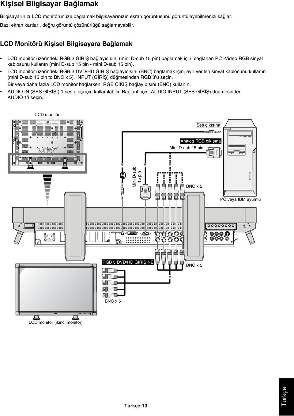 15 pin). LCD monitör üzerindeki RGB 3 DVD/HD G R Ω baπlay c s n (BNC) baπlamak için, ayr verilen sinyal kablosunu kullan n (mini Dsub 15 pin to BNC x 5). INPUT (G R Ω) düπmesinden RGB 3 ü seçin.