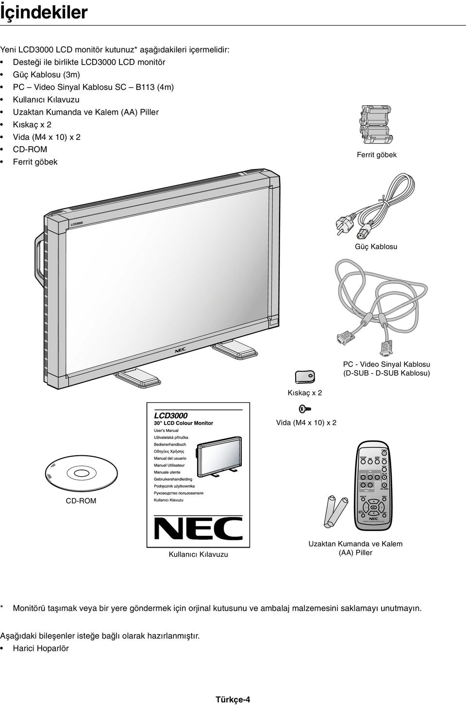 Kablosu PC Video Sinyal Kablosu (DSUB DSUB Kablosu) K skaç x 2 Vida (M4 x 10) x 2 CDROM Kullan c K lavuzu Uzaktan Kumanda ve Kalem (AA) Piller * Monitörü taµ