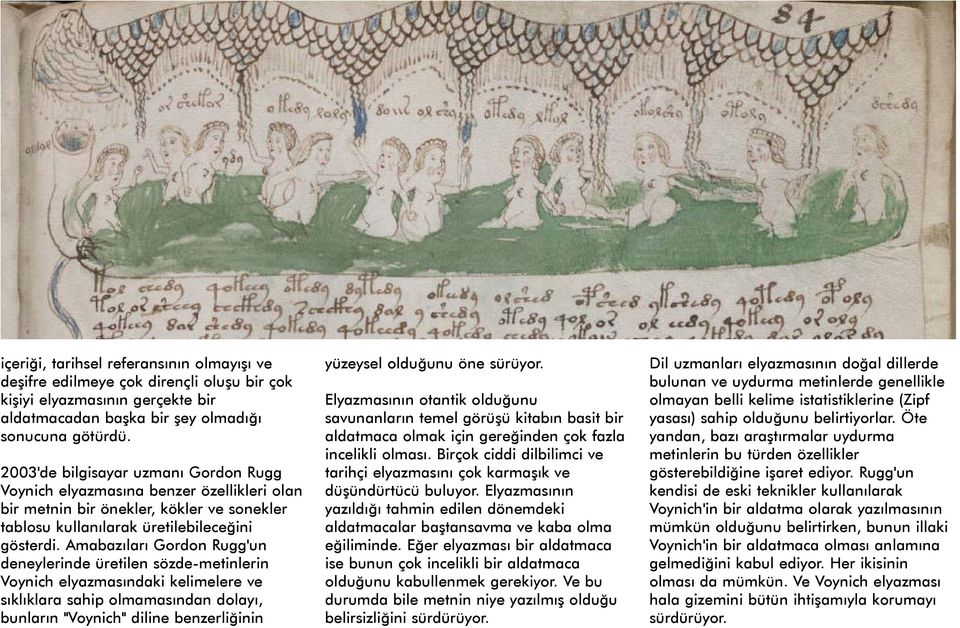 Amabazýlarý Gordon Rugg'un deneylerinde üretilen sözde-metinlerin Voynich elyazmasýndaki kelimelere ve sýklýklara sahip olmamasýndan dolayý, bunlarýn "Voynich" diline benzerliðinin yüzeysel olduðunu