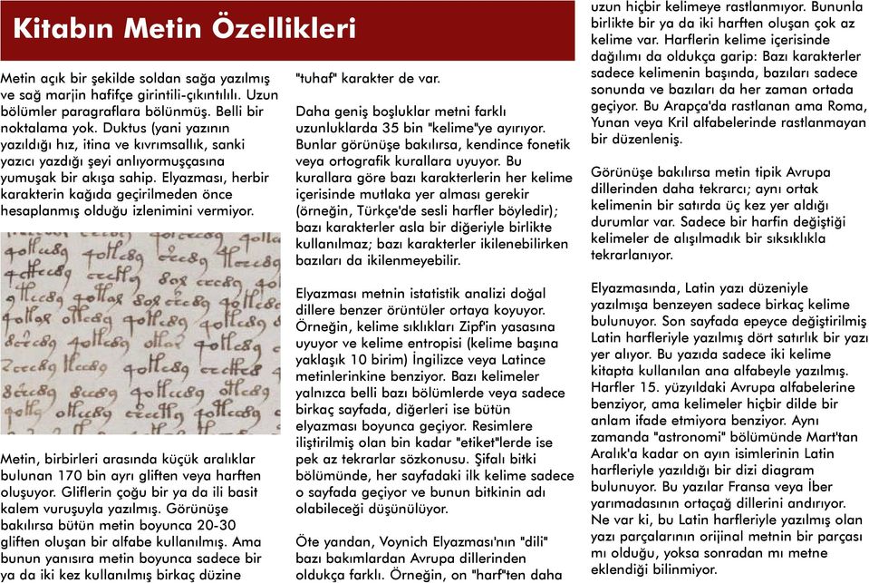 Elyazmasý, herbir karakterin kaðýda geçirilmeden önce hesaplanmýþ olduðu izlenimini vermiyor. "tuhaf" karakter de var. Daha geniþ boþluklar metni farklý uzunluklarda 35 bin "kelime"ye ayýrýyor.