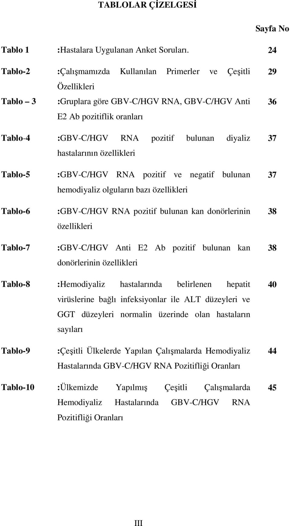 hastalarının özellikleri 29 36 37 Tablo-5 Tablo-6 Tablo-7 :GBV-C/HGV RNA pozitif ve negatif bulunan hemodiyaliz olguların bazı özellikleri :GBV-C/HGV RNA pozitif bulunan kan donörlerinin özellikleri