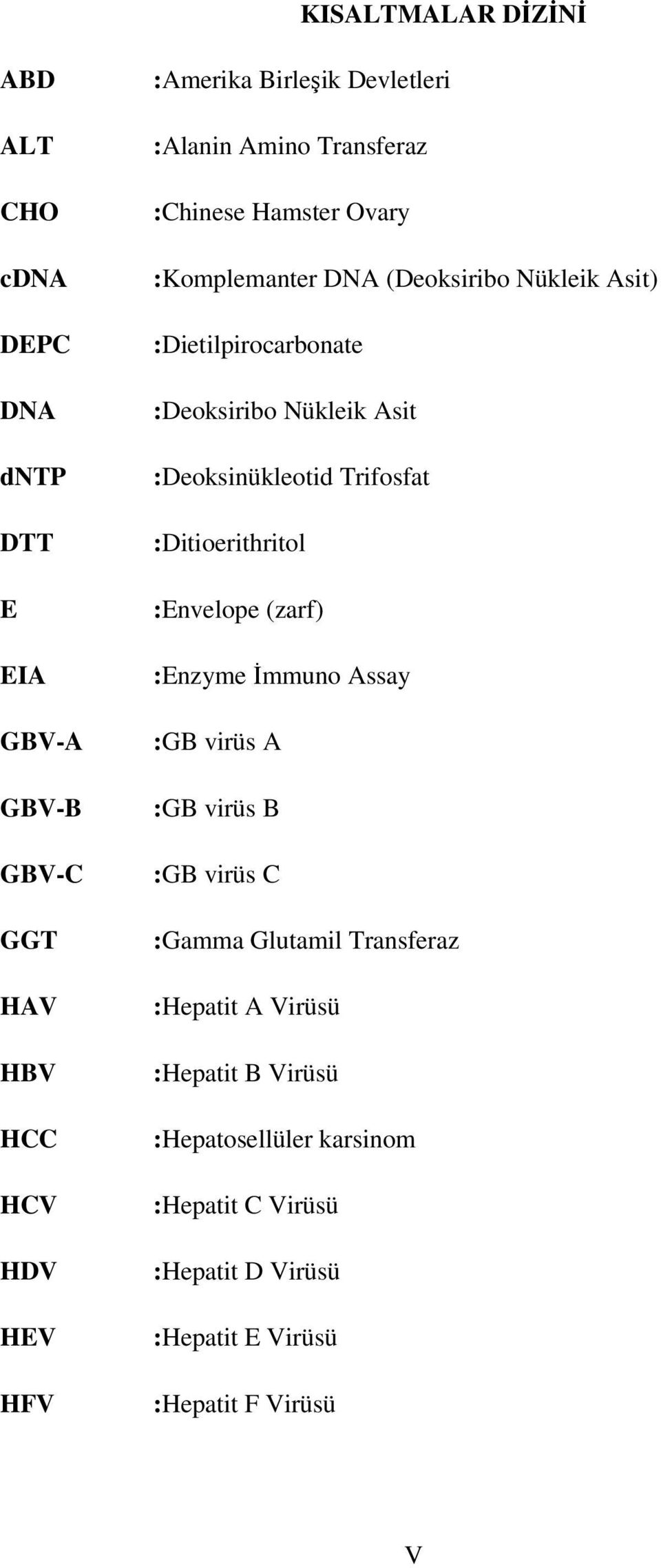 :Deoksinükleotid Trifosfat :Ditioerithritol :Envelope (zarf) :Enzyme İmmuno Assay :GB virüs A :GB virüs B :GB virüs C :Gamma Glutamil