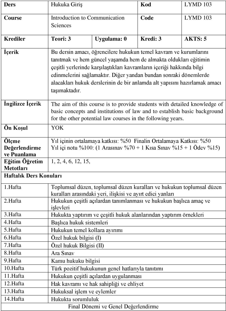 Diğer yandan bundan sonraki dönemlerde alacakları hukuk derslerinin de bir anlamda alt yapısını hazırlamak amacı taşımaktadır.