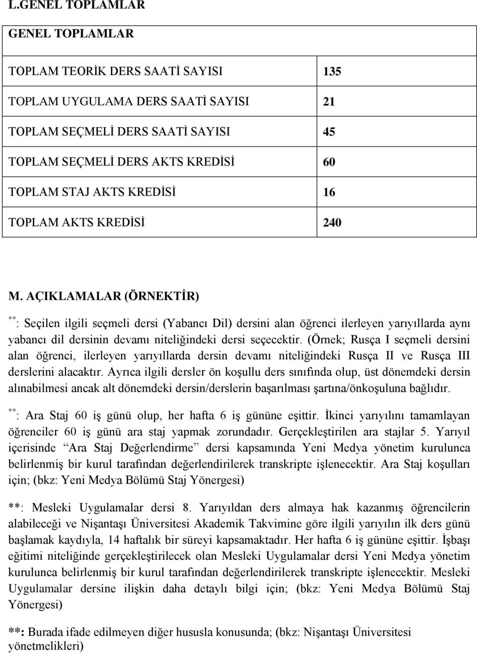 AÇIKLAMALAR (ÖRNEKTİR) ** : Seçilen ilgili seçmeli dersi (Yabancı Dil) dersini alan öğrenci ilerleyen yarıyıllarda aynı yabancı dil dersinin devamı niteliğindeki dersi seçecektir.