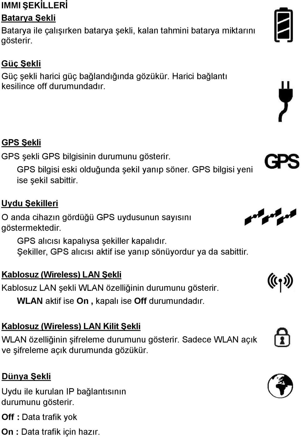 Uydu Şekilleri O anda cihazın gördüğü GPS uydusunun sayısını göstermektedir. GPS alıcısı kapalıysa şekiller kapalıdır. Şekiller, GPS alıcısı aktif ise yanıp sönüyordur ya da sabittir.