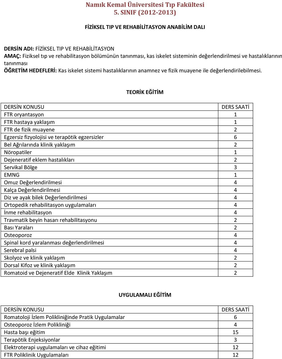 TEORİK EĞİTİM DERSİN KONUSU DERS SAATİ FTR oryantasyon 1 FTR hastaya yaklaşım 1 FTR de fizik muayene 2 Egzersiz fizyolojisi ve terapötik egzersizler 6 Bel Ağrılarında klinik yaklaşım 2 Nöropatiler 1