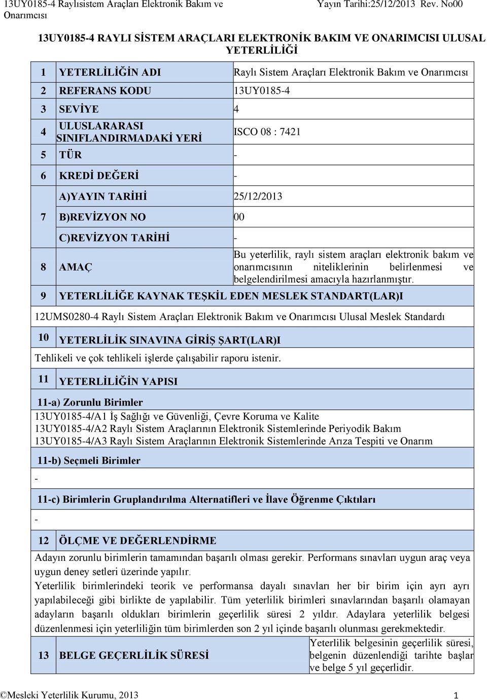 ULUSLARARASI SINIFLANDIRMADAKİ YERİ 5 ÜR 6 KREDİ DEĞERİ ISCO 08 : 7421 A)YAYIN ARİHİ 25/12/2013 7 B)REVİZYON NO 00 C)REVİZYON ARİHİ 8 AMAÇ Bu yeterlilik, raylı sistem araçları elektronik bakım ve