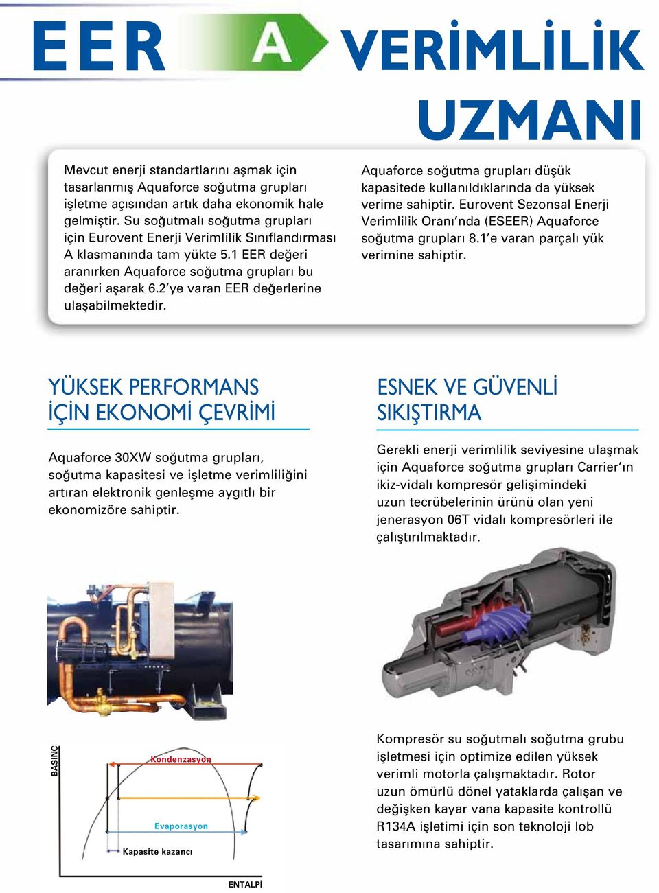 2 ye varan EER değerlerine ulaşabilmektedir. Aquaforce soğutma grupları düşük kapasitede kullanıldıklarında da yüksek verime sahiptir.