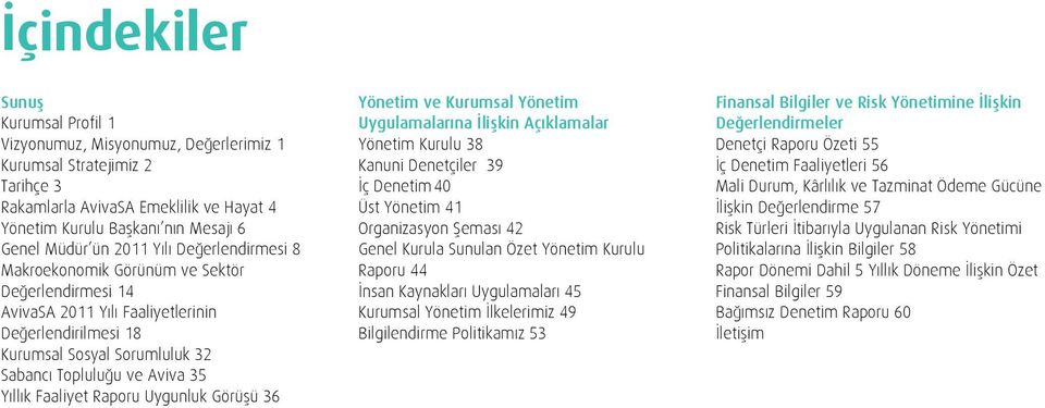 Yıllık Faaliyet Raporu Uygunluk Görüşü 36 Yönetim ve Kurumsal Yönetim Uygulamalarına İlişkin Açıklamalar Yönetim Kurulu 38 Kanuni Denetçiler 39 İç Denetim 40 Üst Yönetim 41 Organizasyon Şeması 42