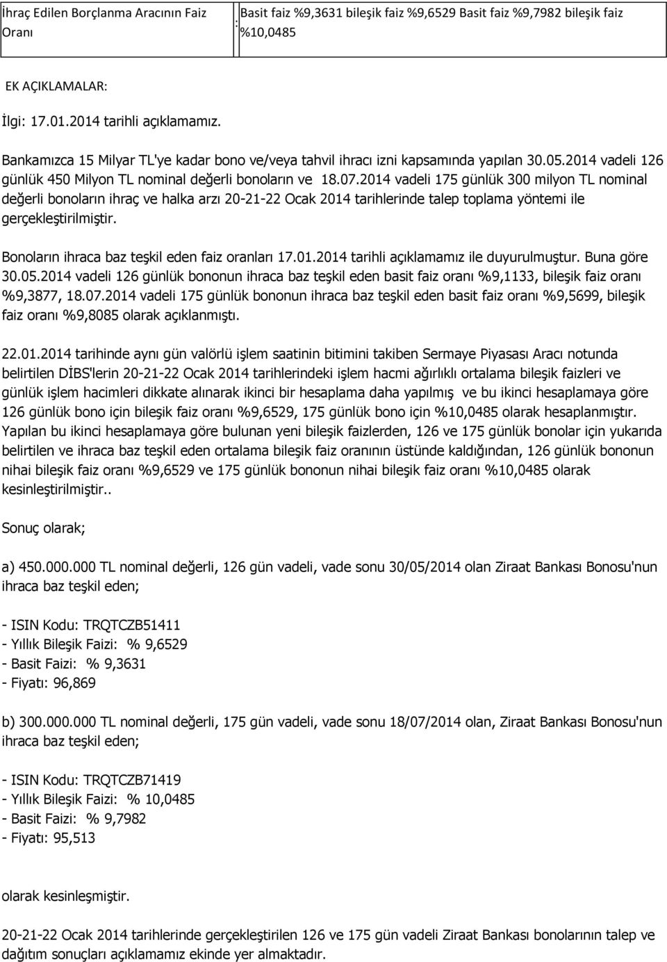 2014 vadeli 175 günlük 300 milyon TL nominal değerli bonoların ihraç ve halka arzı 20-21-22 Ocak 2014 tarihlerinde talep toplama yöntemi ile gerçekleştirilmiştir.