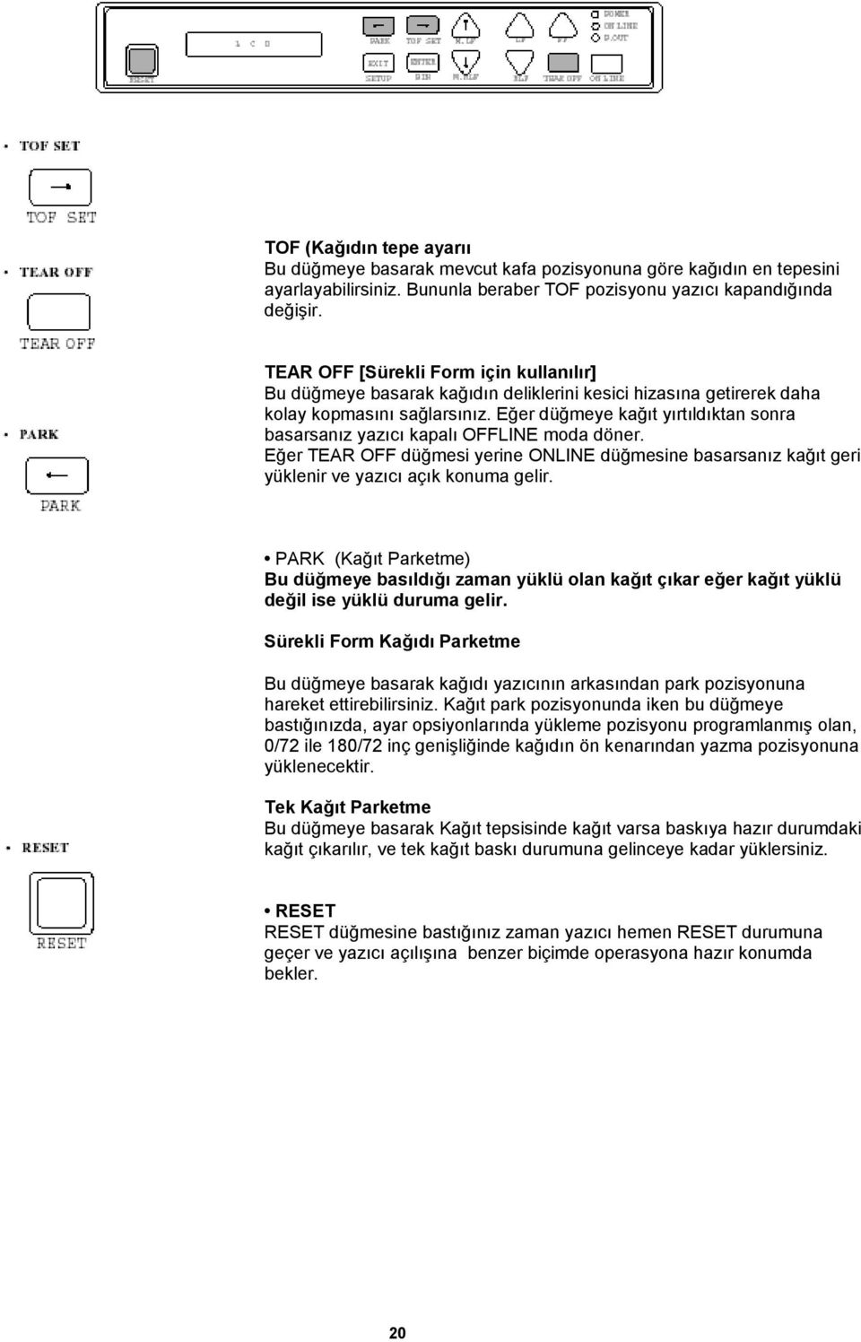 Eğer düğmeye kağıt yırtıldıktan sonra basarsanız yazıcı kapalı OFFLINE moda döner. Eğer TEAR OFF düğmesi yerine ONLINE düğmesine basarsanız kağıt geri yüklenir ve yazıcı açık konuma gelir.