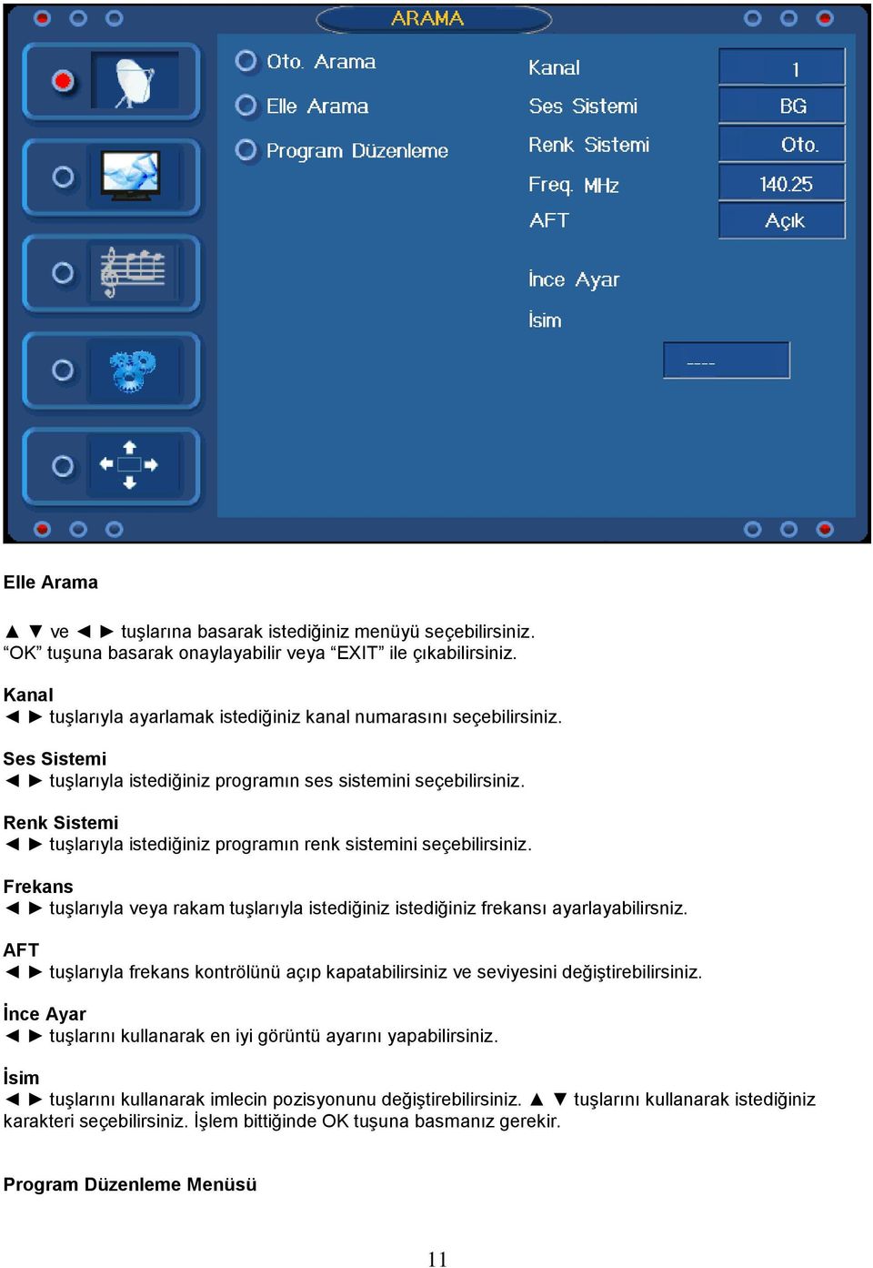 Frekans tuşlarıyla veya rakam tuşlarıyla istediğiniz istediğiniz frekansı ayarlayabilirsniz. AFT tuşlarıyla frekans kontrölünü açıp kapatabilirsiniz ve seviyesini değiştirebilirsiniz.