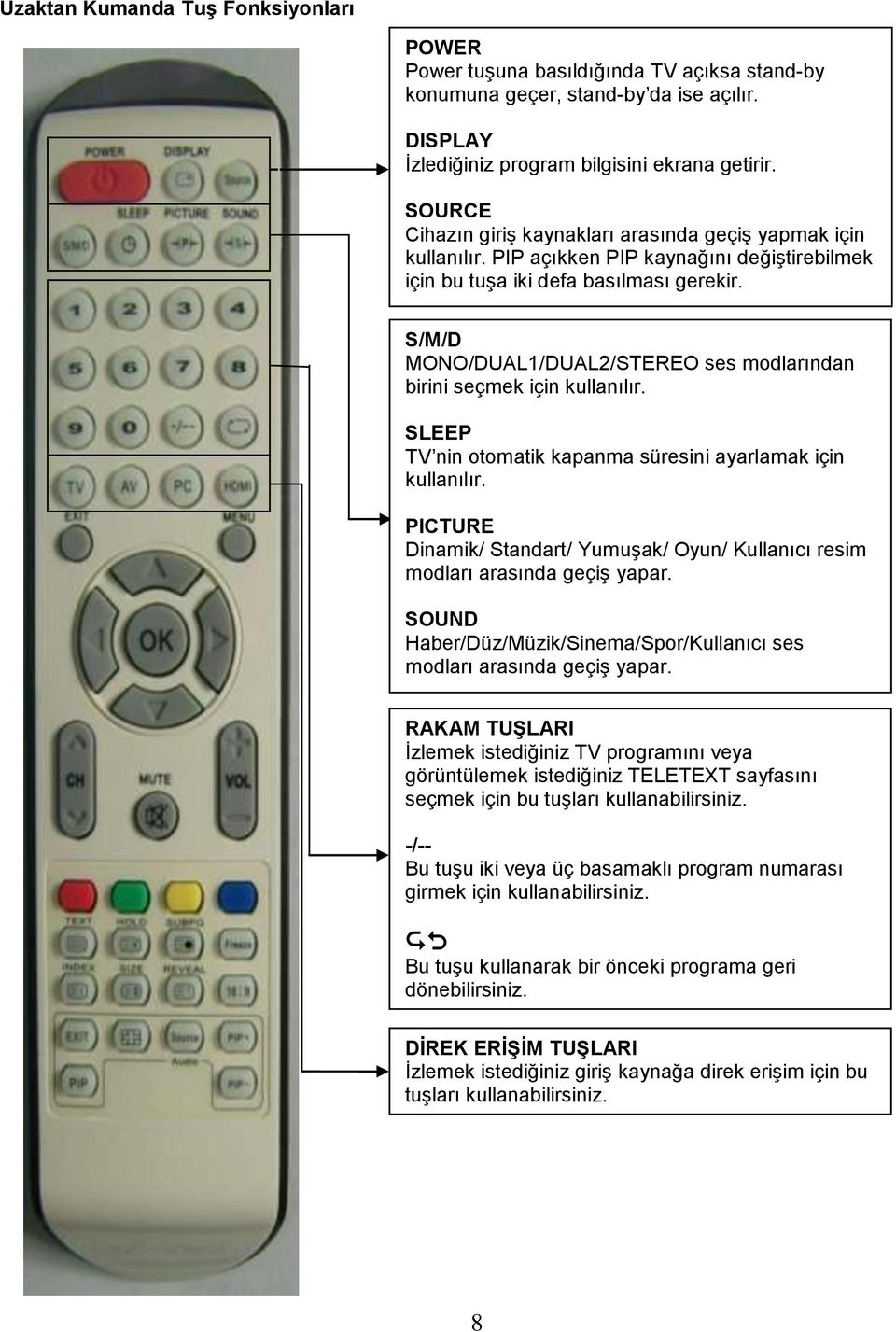 S/M/D MONO/DUAL1/DUAL2/STEREO ses modlarından birini seçmek için kullanılır. SLEEP TV nin otomatik kapanma süresini ayarlamak için kullanılır.