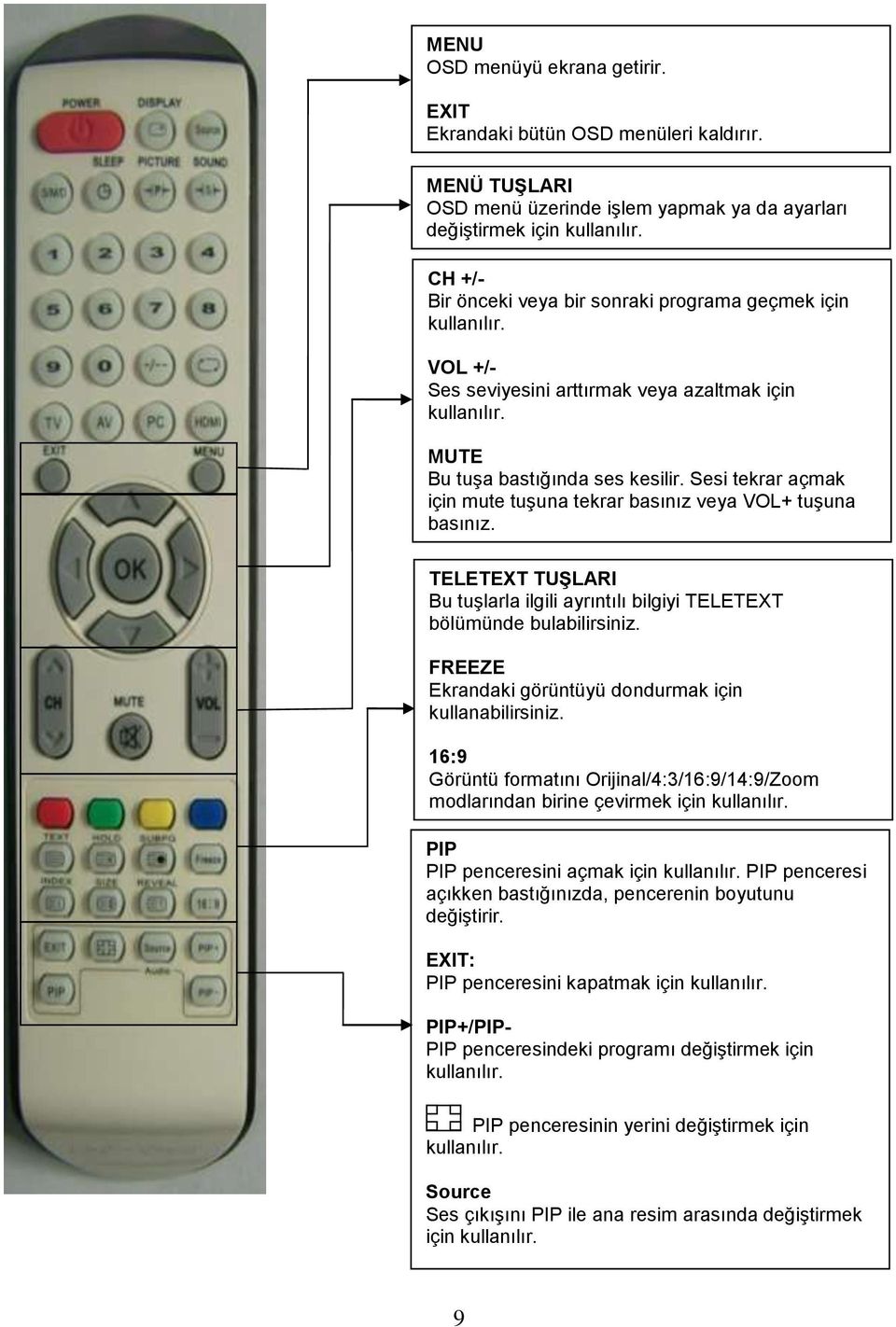 Sesi tekrar açmak için mute tuşuna tekrar basınız veya VOL+ tuşuna basınız. TELETEXT TUġLARI Bu tuşlarla ilgili ayrıntılı bilgiyi TELETEXT bölümünde bulabilirsiniz.