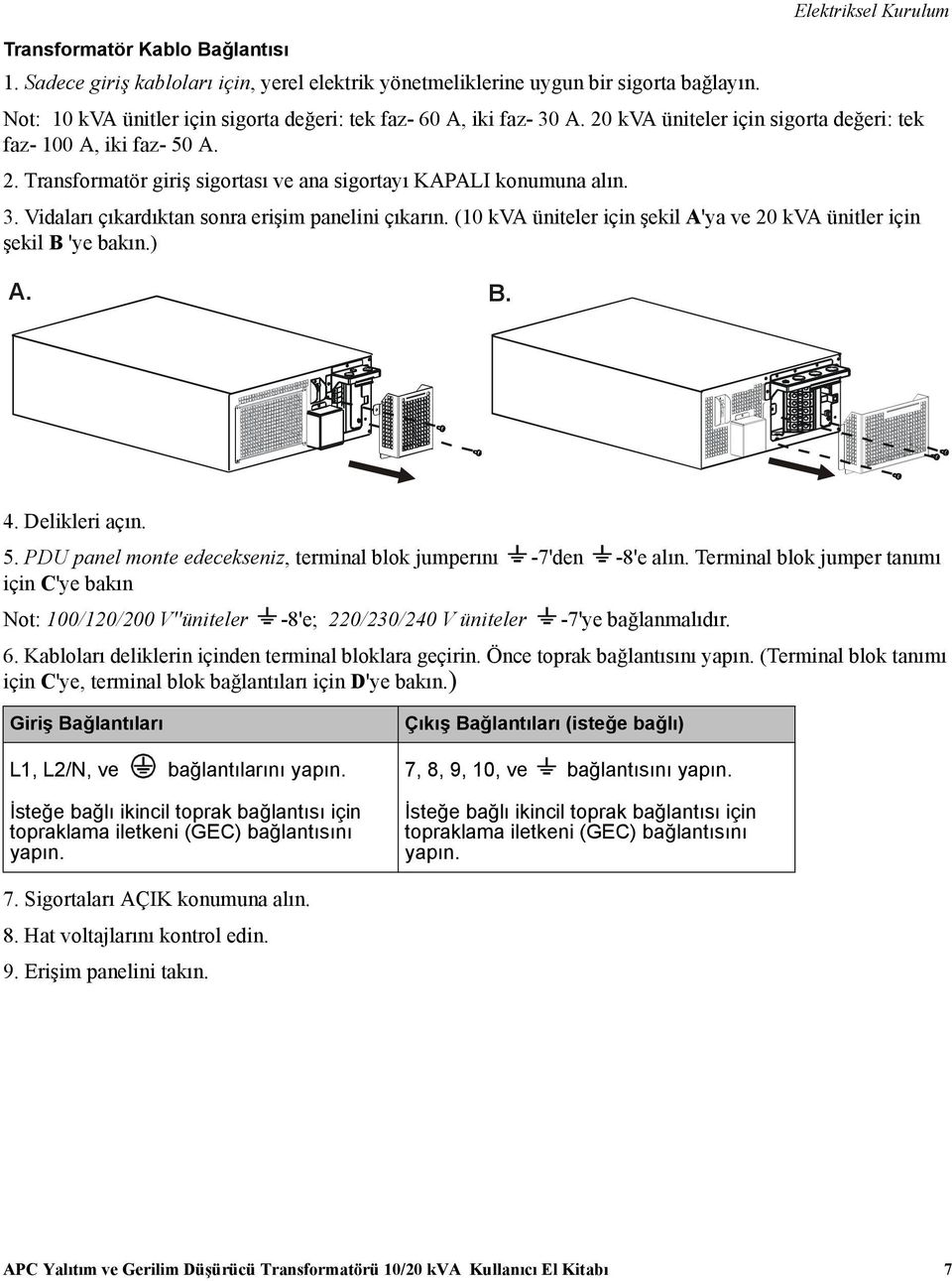 3. Vidaları çıkardıktan sonra erişim panelini çıkarın. (10 kva üniteler için şekil A'ya ve 20 kva ünitler için şekil B 'ye bakın.) A. B. 4. Delikleri açın. 5.