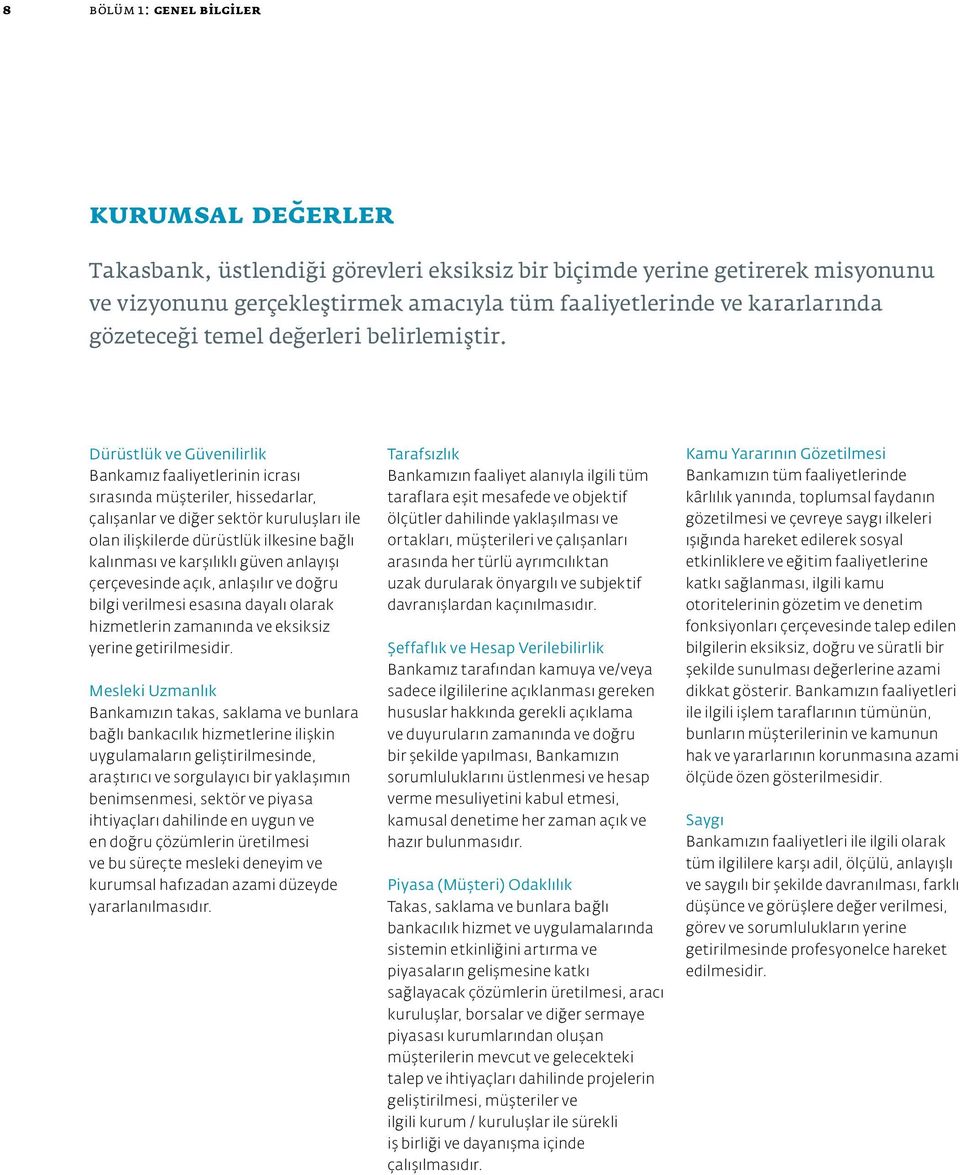 Dürüstlük ve Güvenilirlik Bankamız faaliyetlerinin icrası sırasında müşteriler, hissedarlar, çalışanlar ve diğer sektör kuruluşları ile olan ilişkilerde dürüstlük ilkesine bağlı kalınması ve