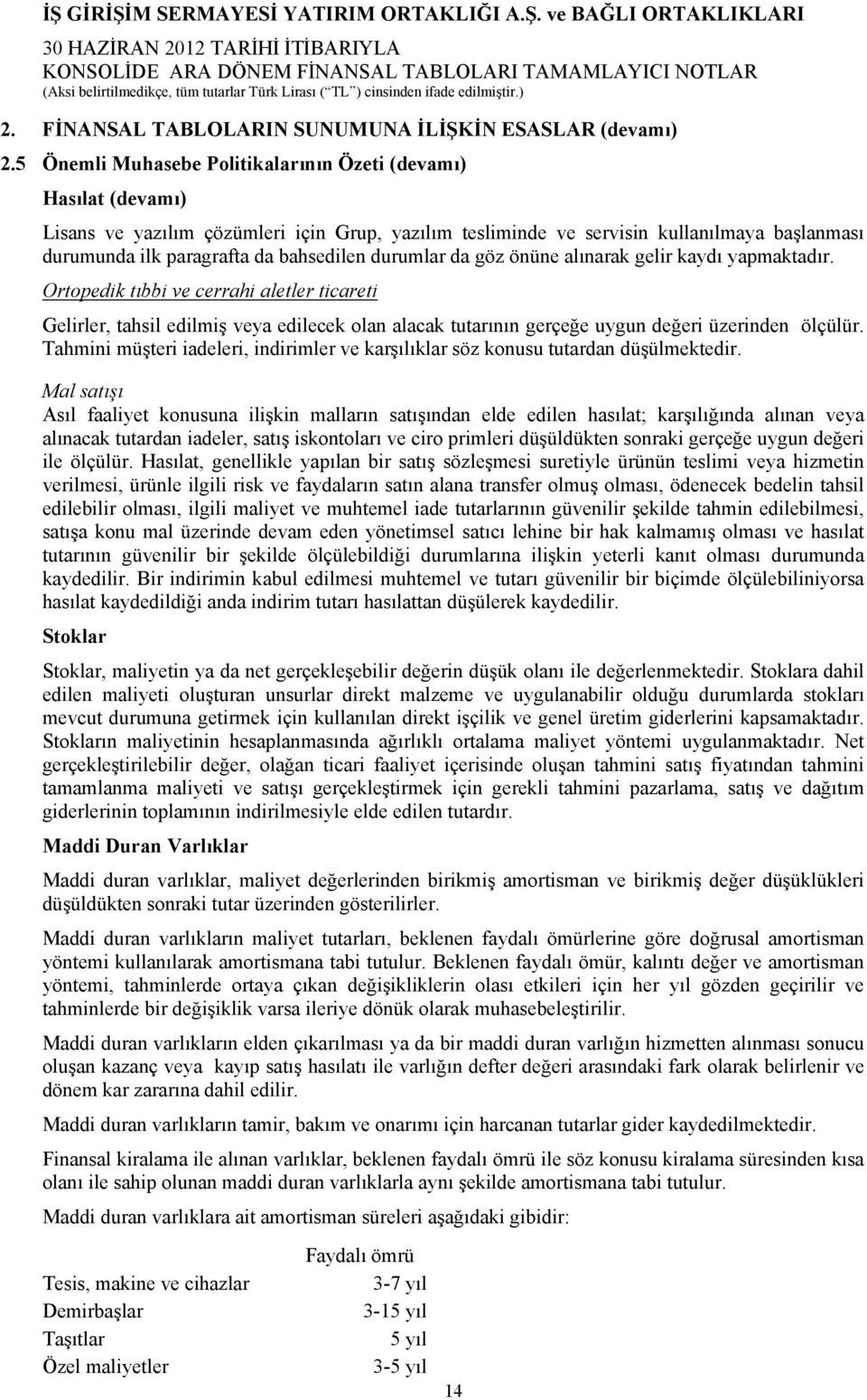 durumlar da göz önüne alınarak gelir kaydı yapmaktadır. Ortopedik tıbbi ve cerrahi aletler ticareti Gelirler, tahsil edilmiş veya edilecek olan alacak tutarının gerçeğe uygun değeri üzerinden ölçülür.