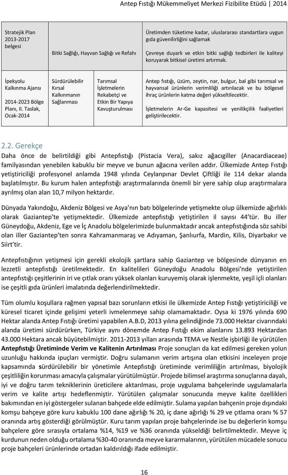 Taslak, Ocak-2014 Sürdürülebilir Kırsal Kalkınmanın Sağlanması Tarımsal İşletmelerin Rekabetçi ve Etkin Bir Yapıya Kavuşturulması Antep fıstığı, üzüm, zeytin, nar, bulgur, bal gibi tarımsal ve