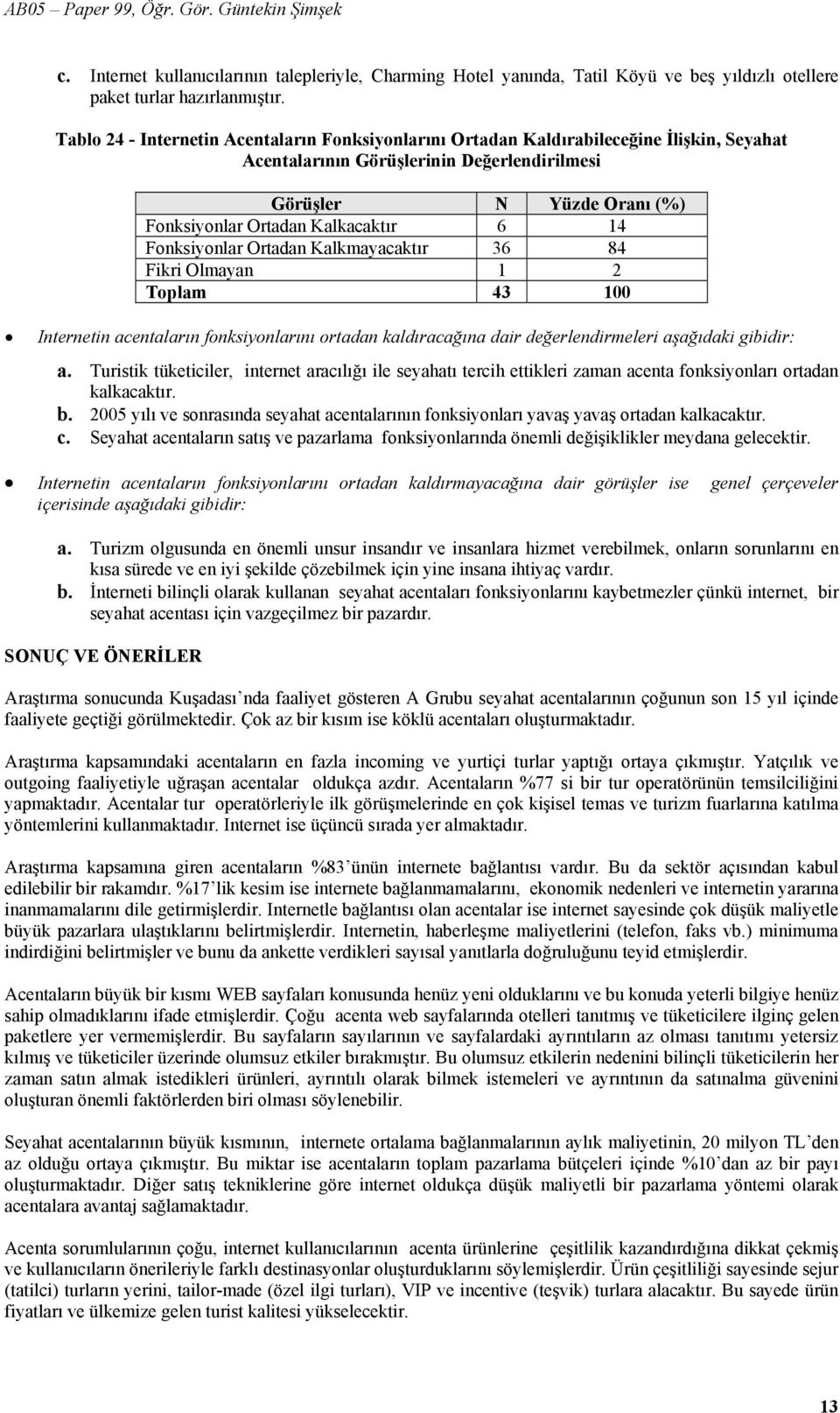 14 Fonksiyonlar Ortadan Kalkmayacaktır 36 84 Fikri Olmayan 1 2 Internetin acentaların fonksiyonlarını ortadan kaldıracağına dair değerlendirmeleri aşağıdaki gibidir: a.