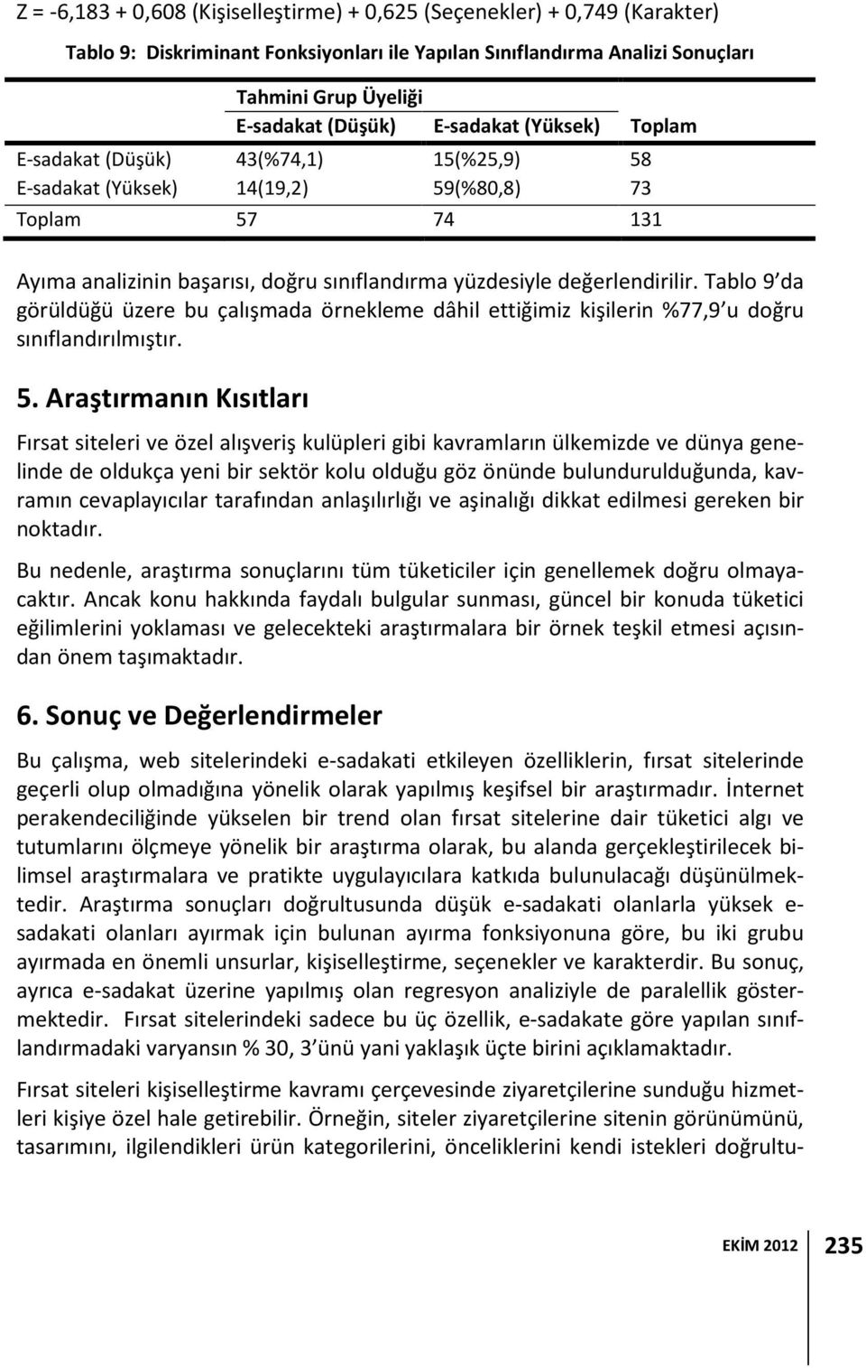 Tablo 9 da görüldüğü üzere bu çalışmada örnekleme dâhil ettiğimiz kişilerin %77,9 u doğru sınıflandırılmıştır. 5.