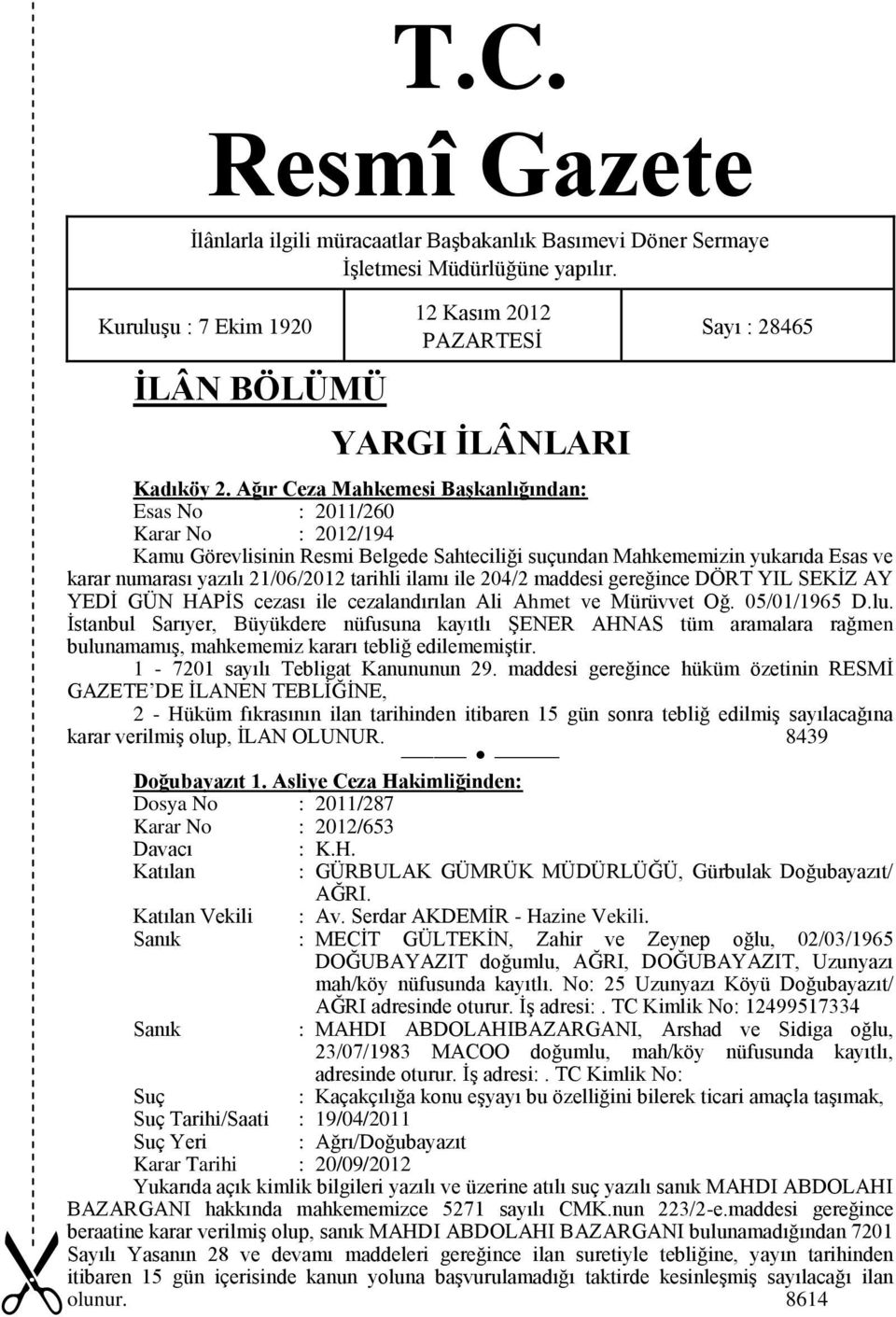 Ağır Ceza Mahkemesi Başkanlığından: Esas No : 2011/260 Karar No : 2012/194 Kamu Görevlisinin Resmi Belgede Sahteciliği suçundan Mahkememizin yukarıda Esas ve karar numarası yazılı 21/06/2012 tarihli