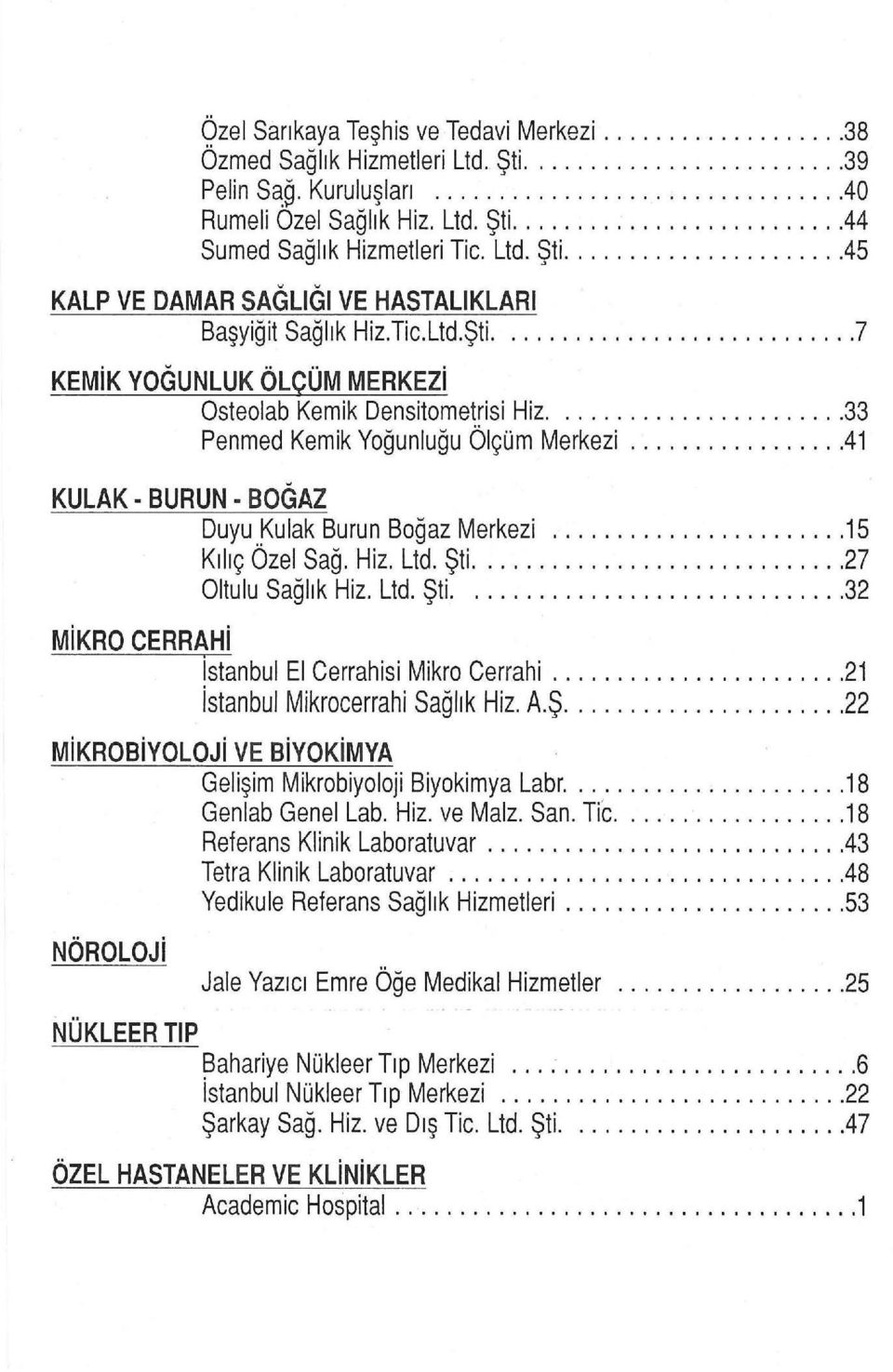 .. 15 Kılıç Özel Sağ. Hiz. Ltd. Şti... 27 Oltulu Sağlık Hiz. Ltd. Şti.... 32 MiKRO CERRAHi Istanbul El Cerrahisi Mikro Cerrahi... 21 istanbul Mikrocerrahi Sağlık Hiz. A.Ş... 22 MiKROBiYOLOJi VE BiYOKiMYA Gelişim Mikrobiyoloji Biyokimya Labr.