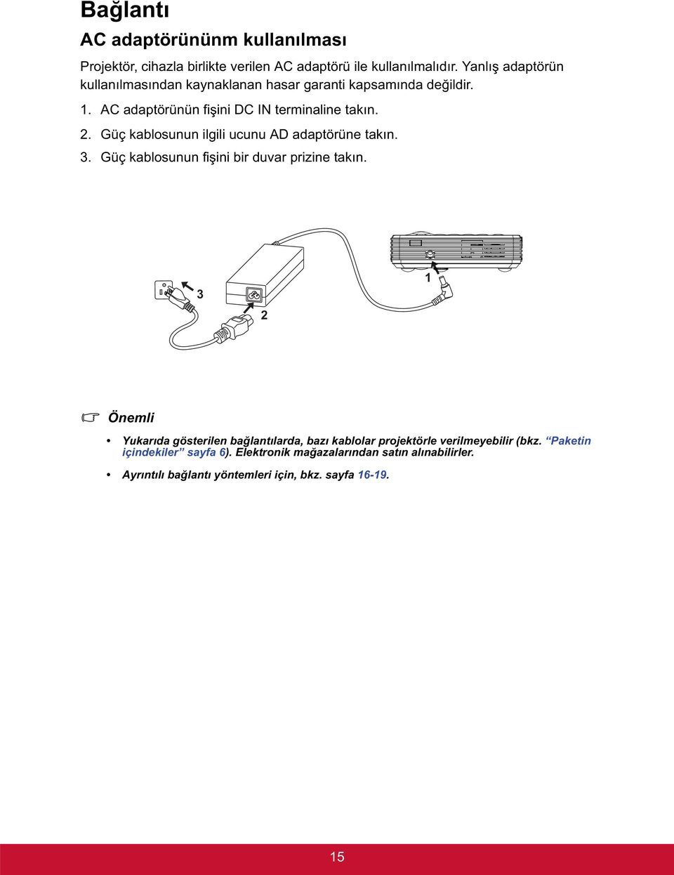 Güç kablosunun ilgili ucunu AD adaptörüne takın. 3. Güç kablosunun fi ini bir duvar prizine takın.