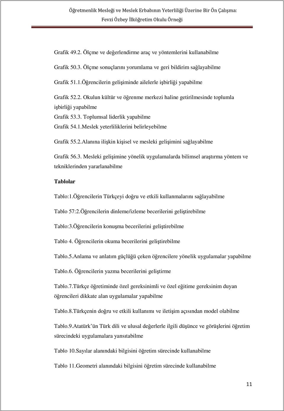 3. Toplumsal liderlik yapabilme Grafik 54.1.Meslek yeterliliklerini belirleyebilme Grafik 55.2.Alanına ilişkin kişisel ve mesleki gelişimini sağlayabilme Grafik 56.3. Mesleki gelişimine yönelik uygulamalarda bilimsel araştırma yöntem ve tekniklerinden yararlanabilme Tablolar Tablo:1.