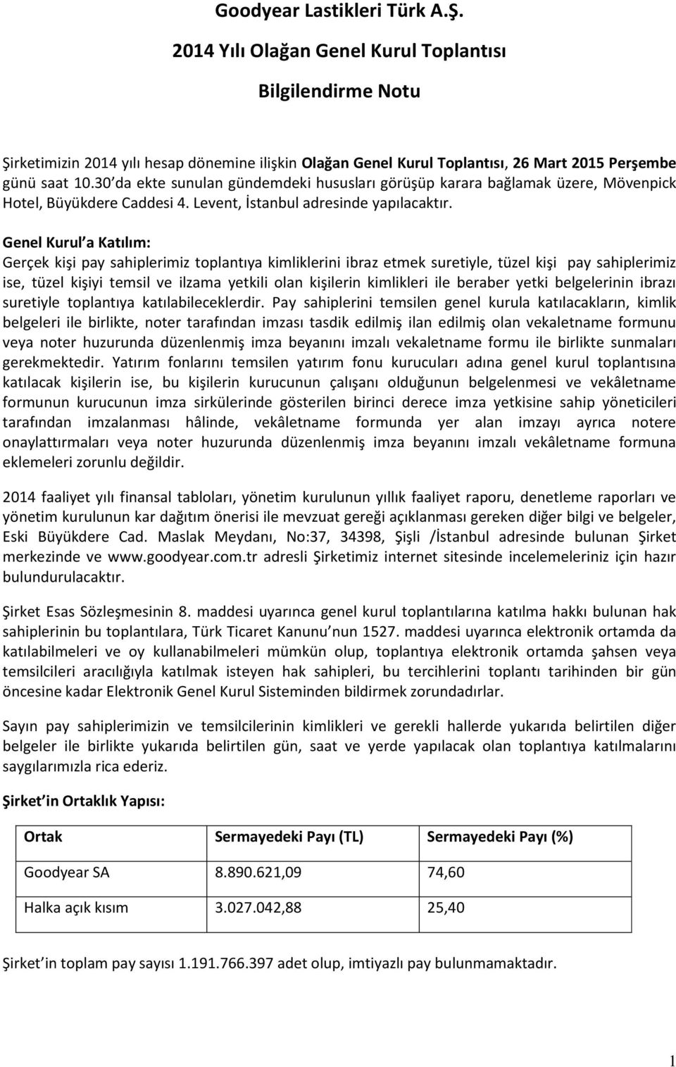 30 da ekte sunulan gündemdeki hususları görüşüp karara bağlamak üzere, Mövenpick Hotel, Büyükdere Caddesi 4. Levent, İstanbul adresinde yapılacaktır.