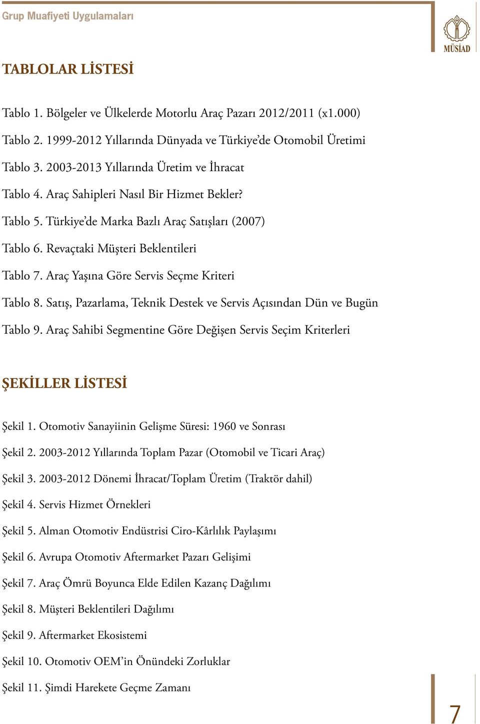 Araç Yaşına Göre Servis Seçme Kriteri Tablo 8. Satış, Pazarlama, Teknik Destek ve Servis Açısından Dün ve Bugün Tablo 9.