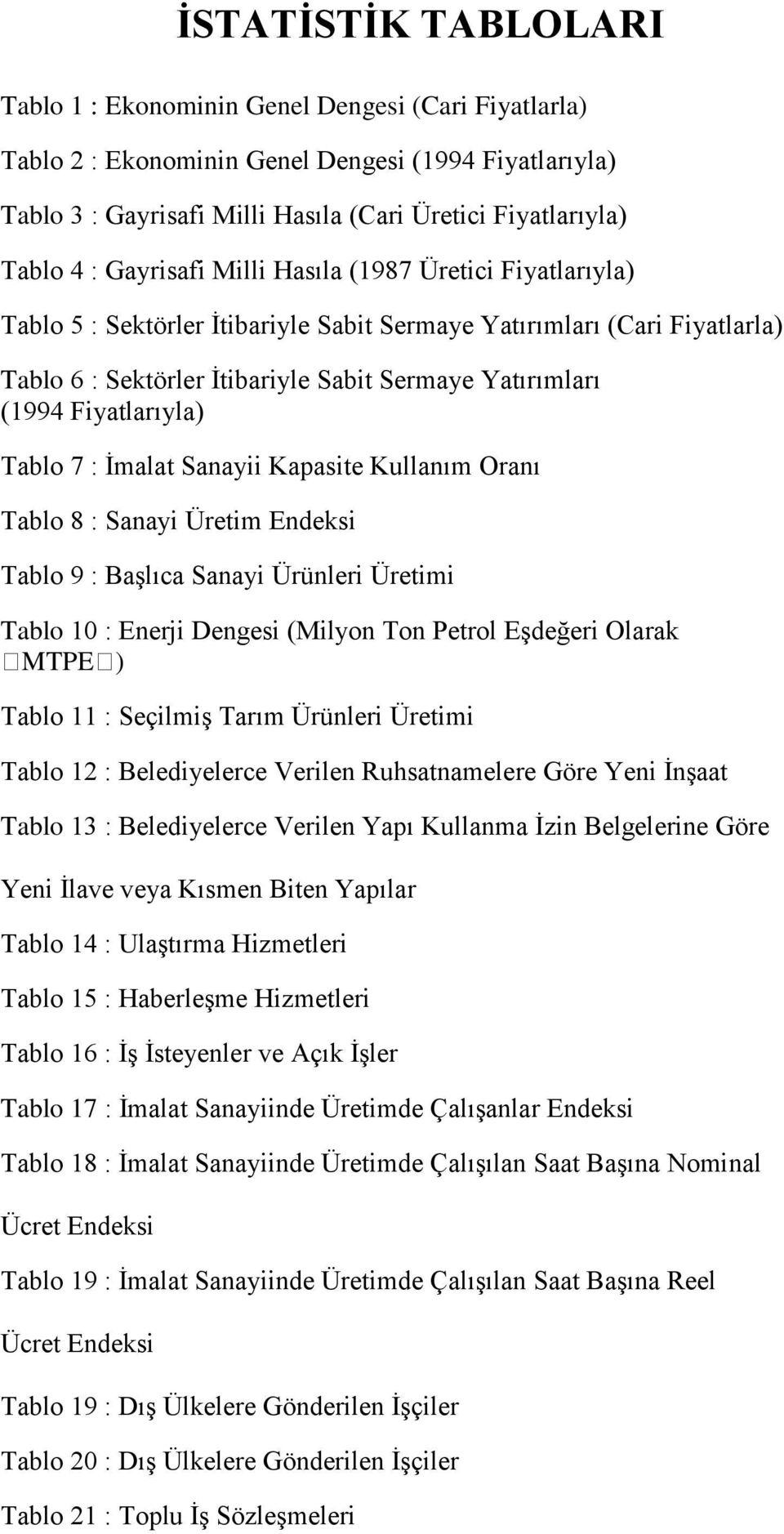 Fiyatlarıyla) Tablo 7 : İmalat Sanayii Kapasite Kullanım Oranı Tablo 8 : Sanayi Üretim Endeksi Tablo 9 : Başlıca Sanayi Ürünleri Üretimi Tablo 10 : Enerji Dengesi (Milyon Ton Petrol Eşdeğeri Olarak