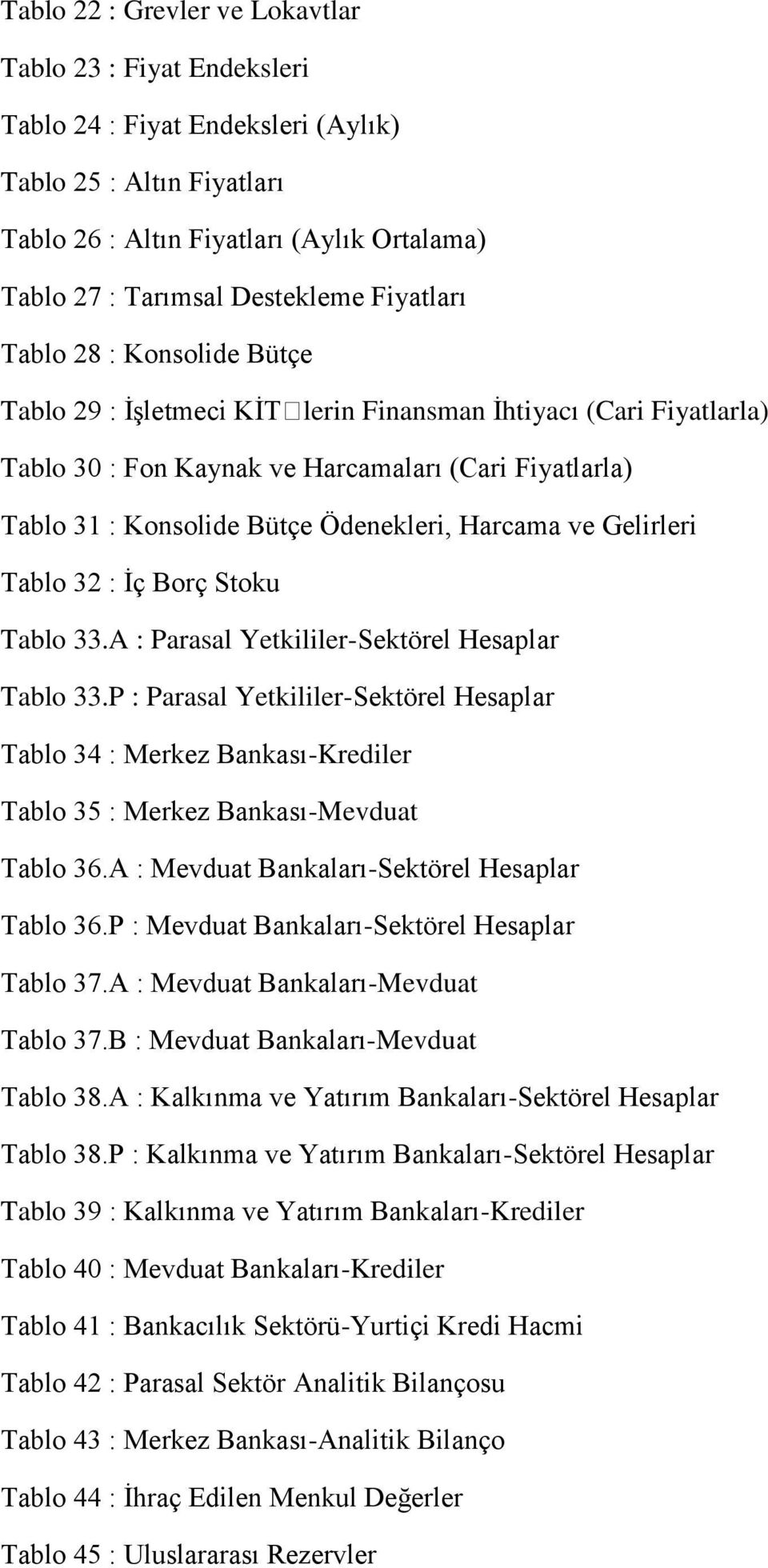 Harcama ve Gelirleri Tablo 32 : İç Borç Stoku Tablo 33.A : Parasal Yetkililer-Sektörel Hesaplar Tablo 33.