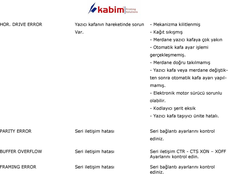 - Merdane doğru takılmamış - Yazıcı kafa veya merdane değiştikten sonra otomatik kafa ayarı yapılmamış. - Elektronik motor sürücü sorunlu olabilir.