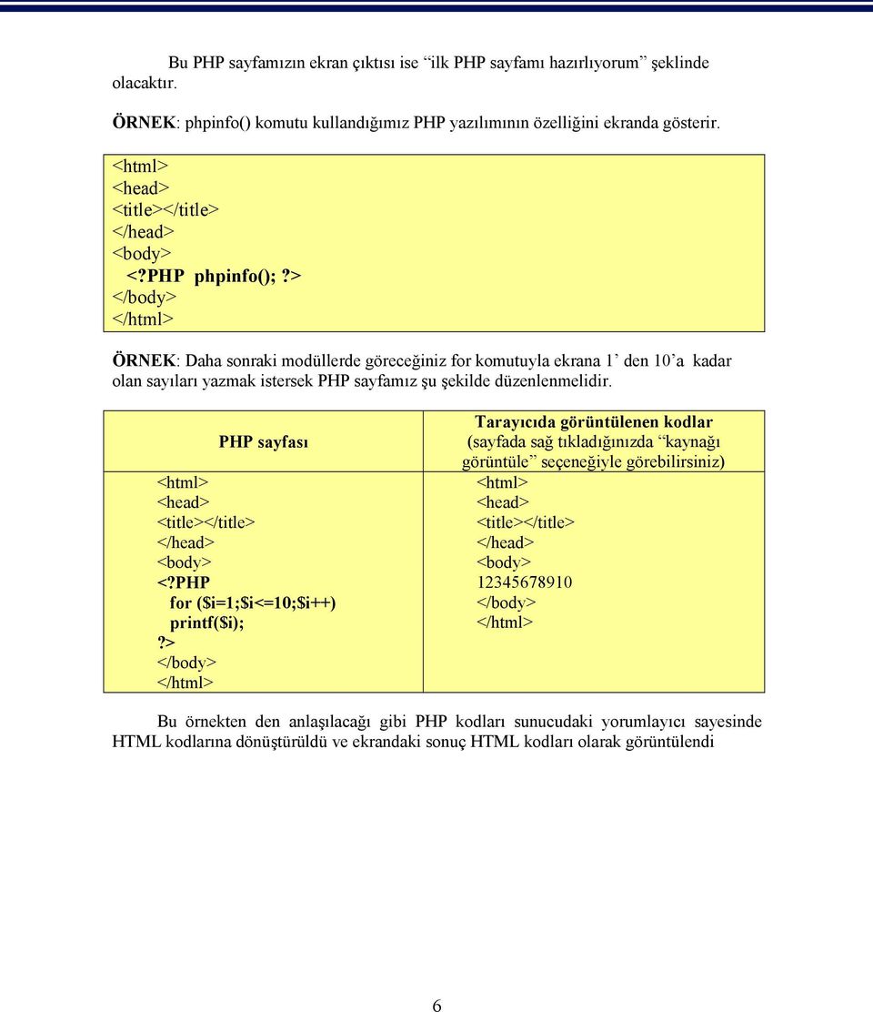 > </body> </html> ÖRNEK: Daha sonraki modüllerde göreceğiniz for komutuyla ekrana 1 den 10 a kadar olan sayıları yazmak istersek PHP sayfamız şu şekilde düzenlenmelidir.