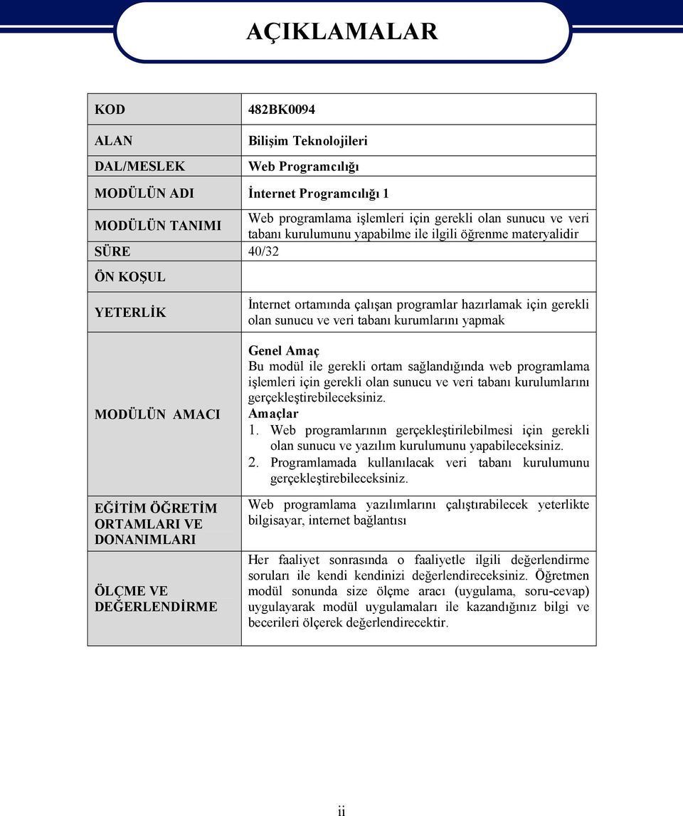 programlar hazırlamak için gerekli olan sunucu ve veri tabanı kurumlarını yapmak Genel Amaç Bu modül ile gerekli ortam sağlandığında web programlama işlemleri için gerekli olan sunucu ve veri tabanı