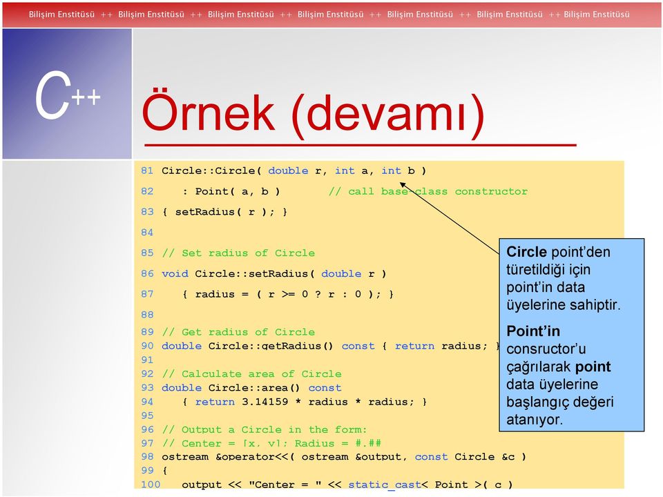 r : 0 ); } 88 89 // Get radius of Circle 90 double Circle::getRadius() const { return radius; } 91 92 // Calculate area of Circle 93 double Circle::area() const 94 { return 3.