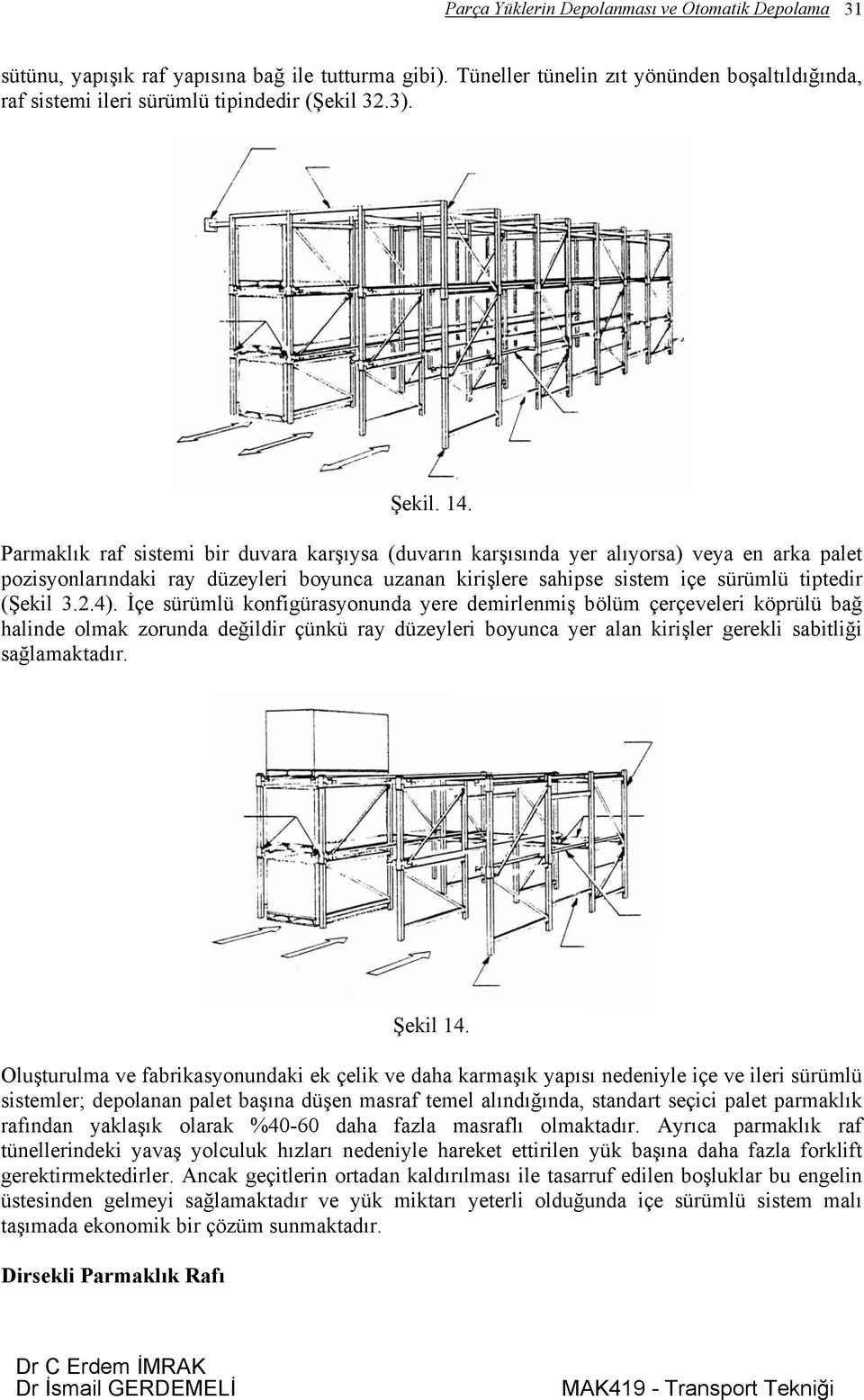 Parmaklık raf sistemi bir duvara karşıysa (duvarın karşısında yer alıyorsa) veya en arka palet pozisyonlarındaki ray düzeyleri boyunca uzanan kirişlere sahipse sistem içe sürümlü tiptedir (Şekil 3.2.