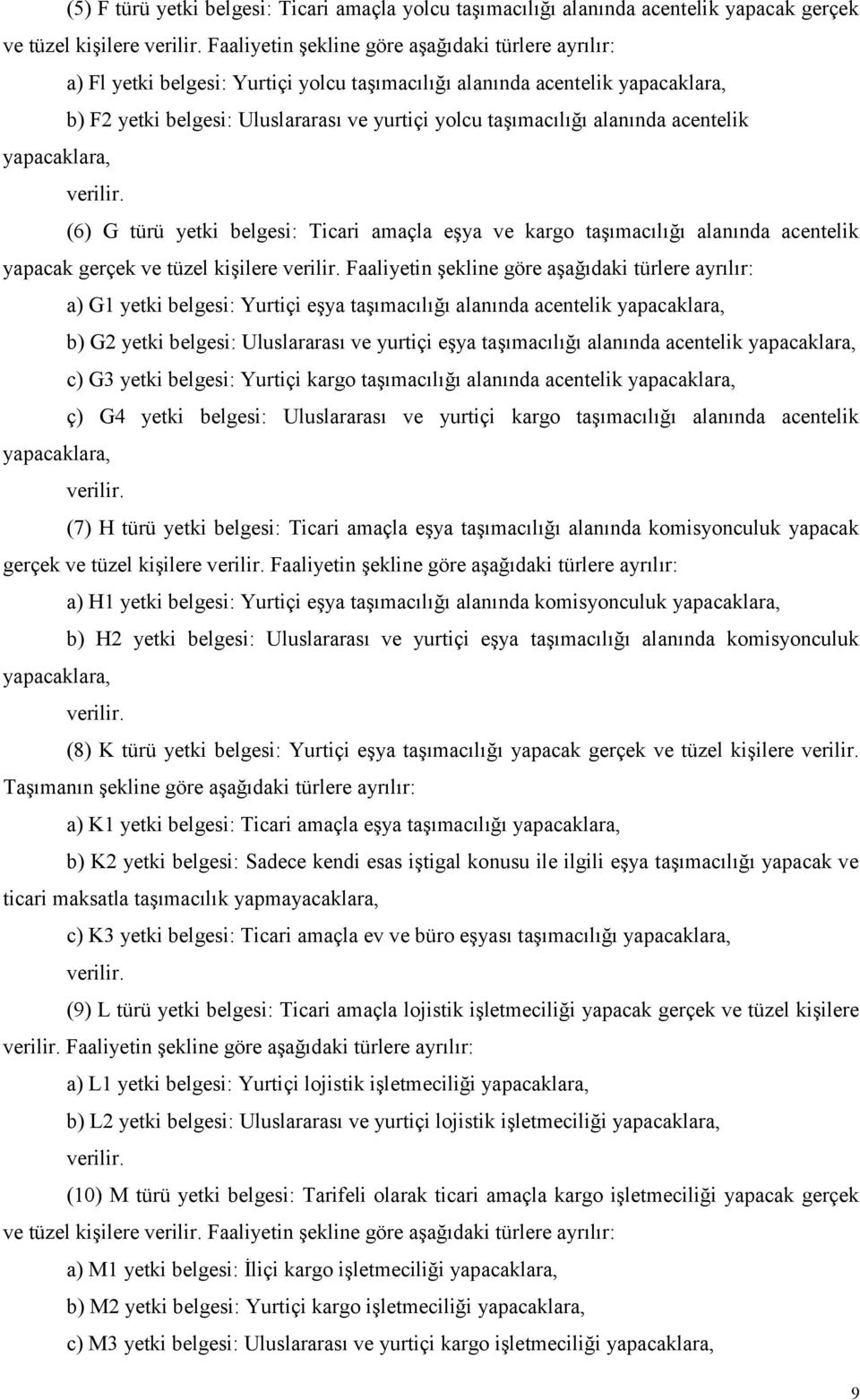 alanında acentelik yapacaklara, verilir. (6) G türü yetki belgesi: Ticari amaçla eşya ve kargo taşımacılığı alanında acentelik yapacak gerçek ve tüzel kişilere verilir.