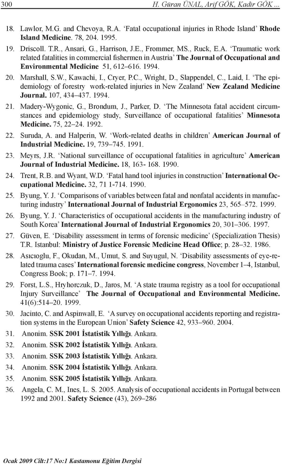 Marshall, S.W., Kawachi, I., Cryer, P.C., Wright, D., Slappendel, C., Laid, I. The epidemiology of forestry work-related injuries in New Zealand New Zealand Medicine Journal. 107, 434 437. 1994. 21.