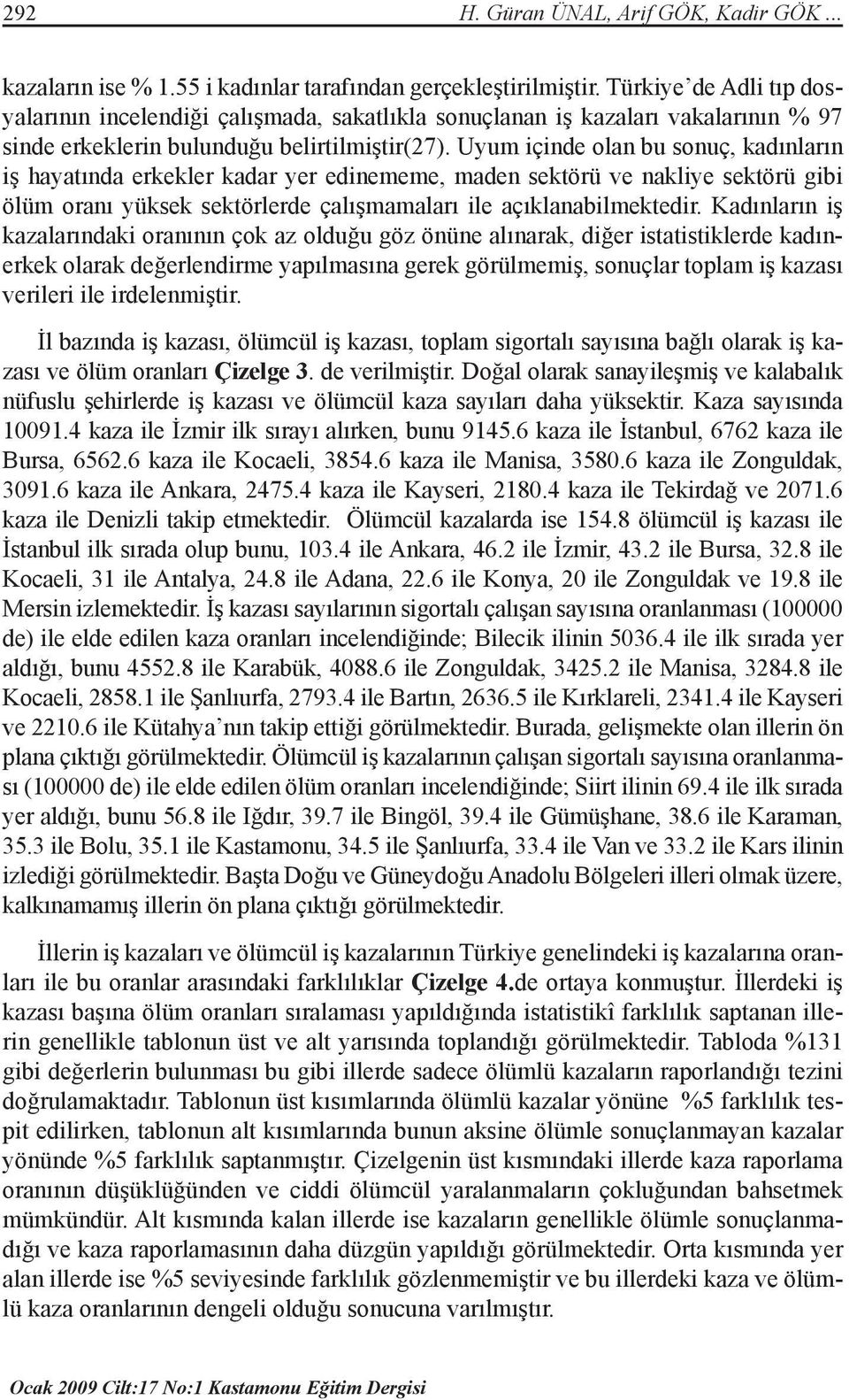 Uyum içinde olan bu sonuç, kadınların iş hayatında erkekler kadar yer edinememe, maden sektörü ve nakliye sektörü gibi ölüm oranı yüksek sektörlerde çalışmamaları ile açıklanabilmektedir.