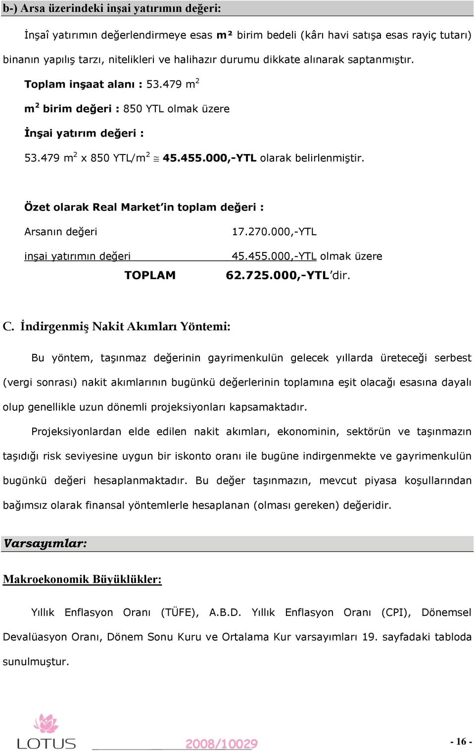 Özet olarak Real Market in toplam değeri : Arsanın değeri inşai yatırımın değeri TOPLAM 7.270.000,-YTL 45.455.000,-YTL olmak üzere 62.725.000,-YTL dir. C.