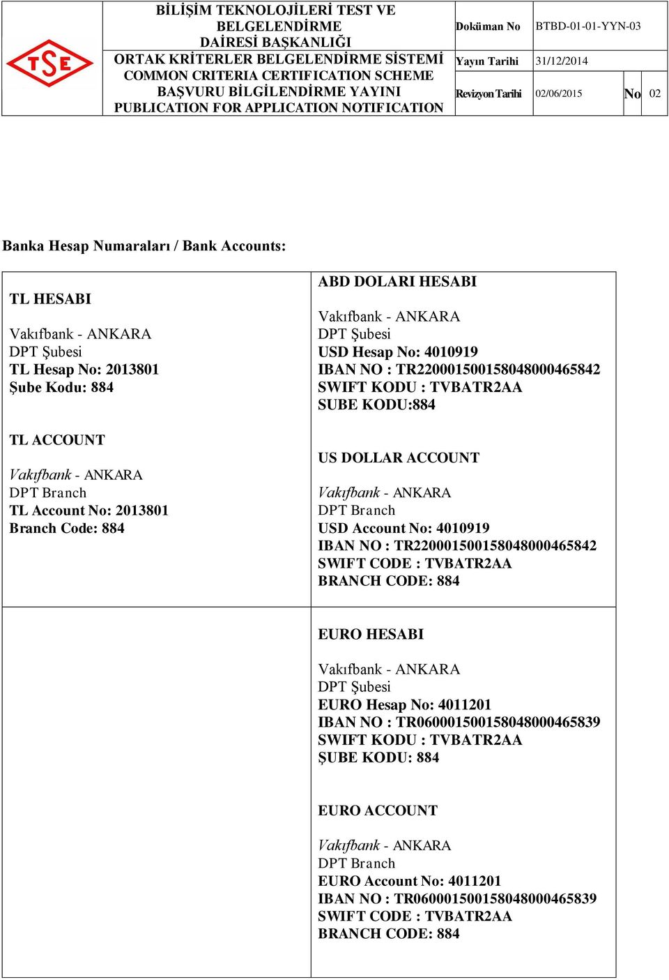 TR220001500158048000465842 SWIFT KODU : TVBATR2AA SUBE KODU:884 US DOLLAR ACCOUNT Vakıfbank - ANKARA DPT Branch USD Account No: 4010919 IBAN NO : TR220001500158048000465842 SWIFT CODE : TVBATR2AA